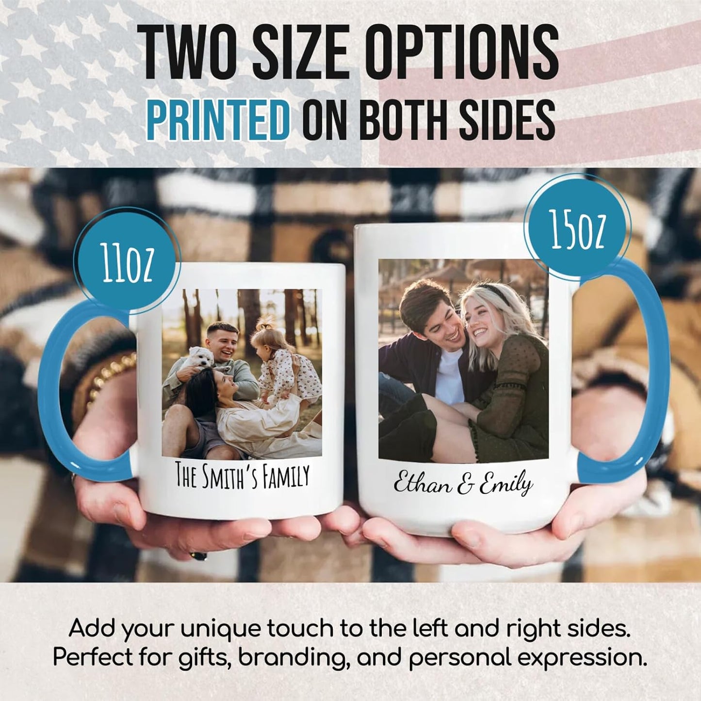 Ship Next Day Custom Mug Design Your Own Photo Text Personalized Picture Gifts for Women Men Customized Gift Idea Personalized Coffee Mugs 11oz Blue Handle