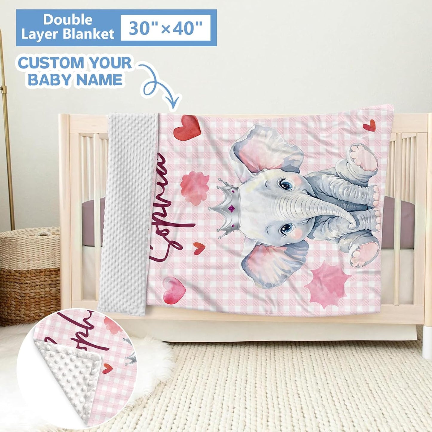 Personalized Baby Crib Set, 5 Pcs Custom with Name, Soft Elephant Crib Bedding, Double Layer Toddler Infant Bedding, New Parents Gifts