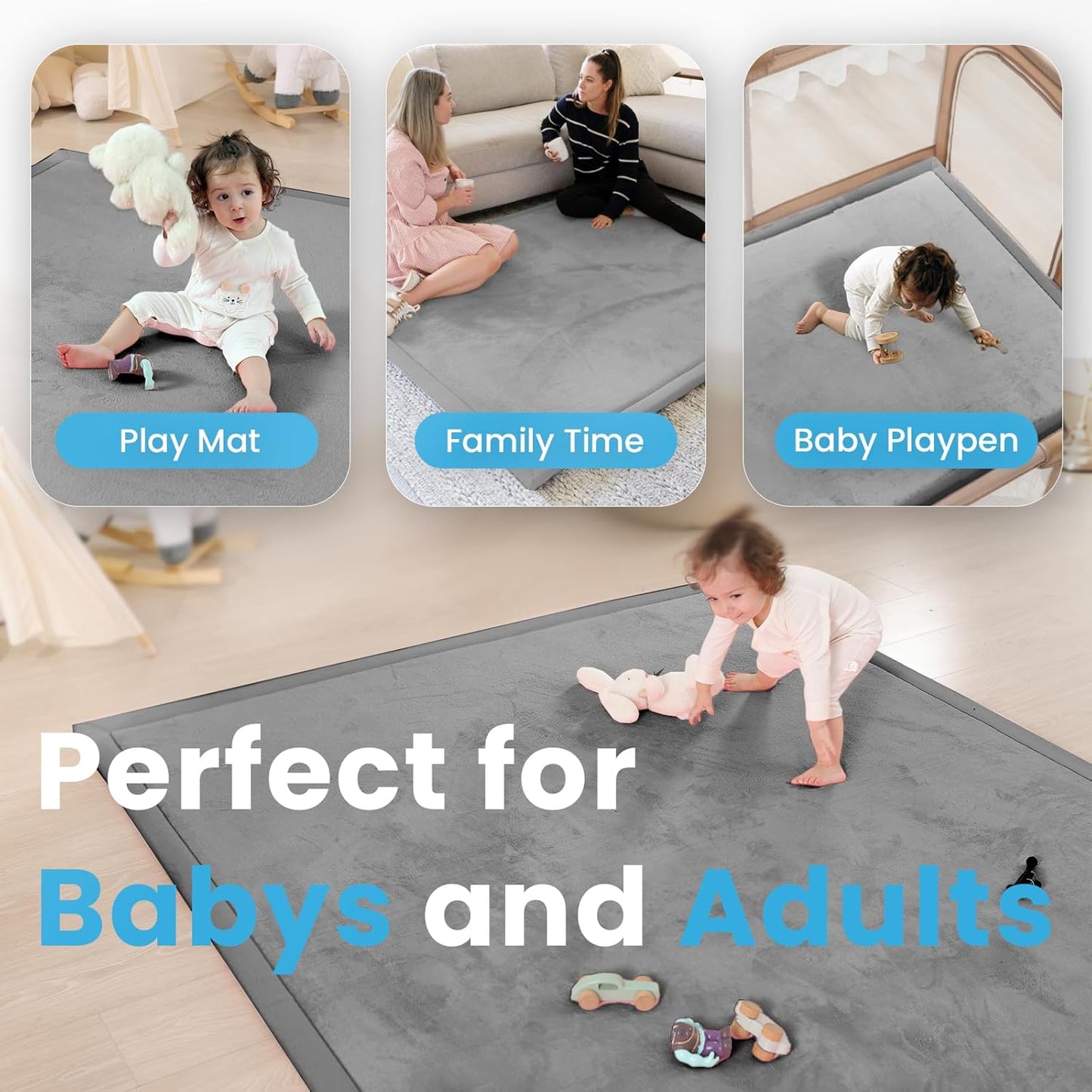 Baby Play Mat for Kids Room,Extra Thick Elasti-Foam Anti-Fall Cushion Mat for Babies,Toddlers,Infants,Water-Repellent&Non-Slip Bedroom Bedside Rugs(Dark Grey)