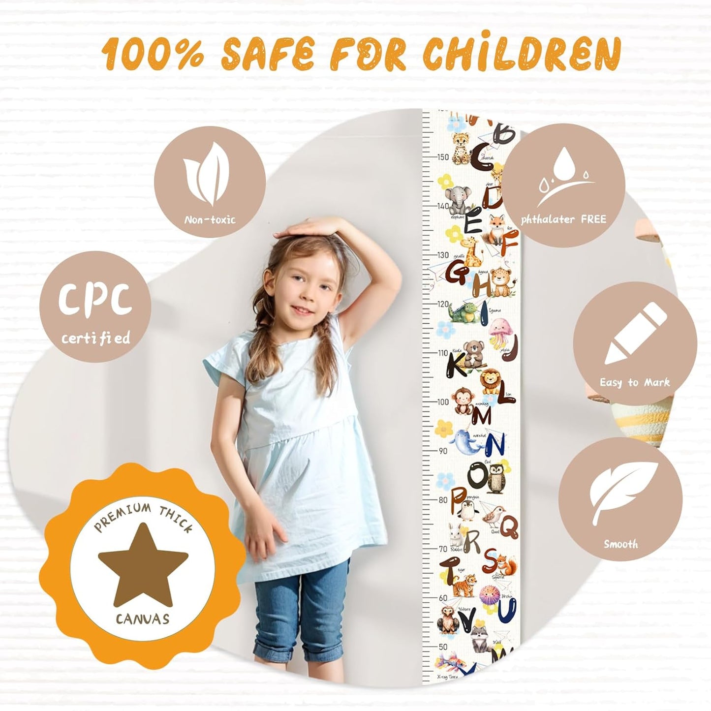 Personalized Name Baby Height Growth Chart, Letters Canvas Height Chart for Kids Baby Toddler Boys Girls, Canvas&Wood Growth Chart for Wall Room Nursery Decor, Hanging Rulers