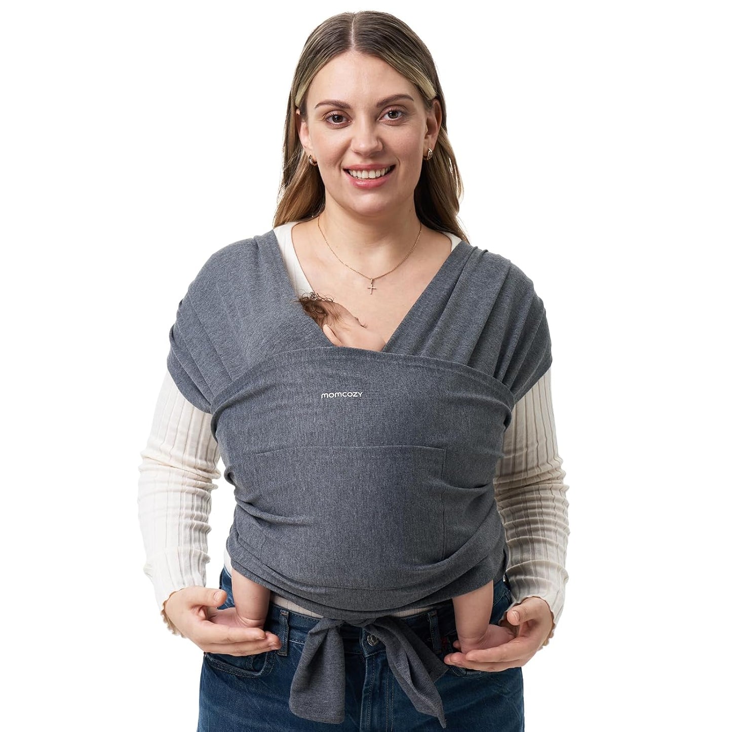 Momcozy Baby Wrap Carrier, Easy to Wear Infant Carrier Slings, Lightweight Hands Free Baby Sling, Adjustable Baby Carriers for Newborn to Toddler 8-35 lbs, Deep Grey