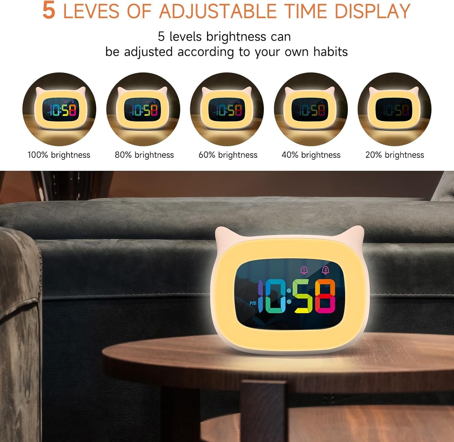 Cute Cat Ear Alarm Clock with RGB 7 Color Night Light & 18 Ringtones,Rechargeable Clock for Kids Bedroom,LED Colorful Digital Display,Bedside Clock for Boys,Girls Birthday Presents(Pink)