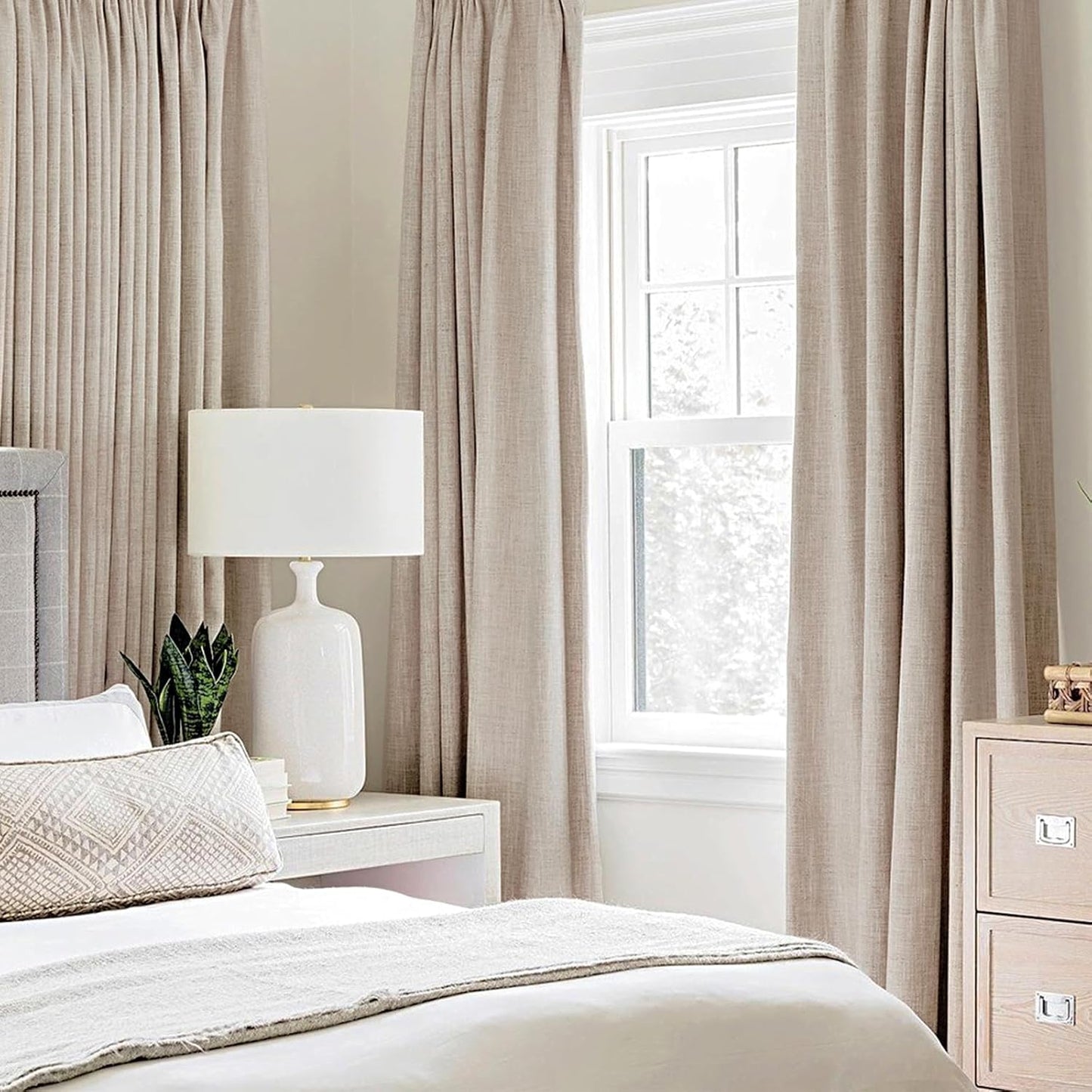 MIULEE Linen Textured Curtains Solid 100% Blackout for Bedroom Thermal Insulated Natural Beige Grommet Room Darkening Curtains & Drapes Luxury Decor for Living Room Nursery 52 x 72 Inch (2 Panels)