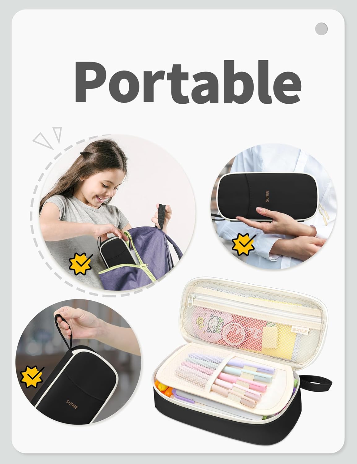 SUNEE Large Pencil Case, Cute Pen Pouch, Aesthetic Zipper Stationery Bag Large Capacity Kawaii Pen Organizer, Black, Bag Organiser