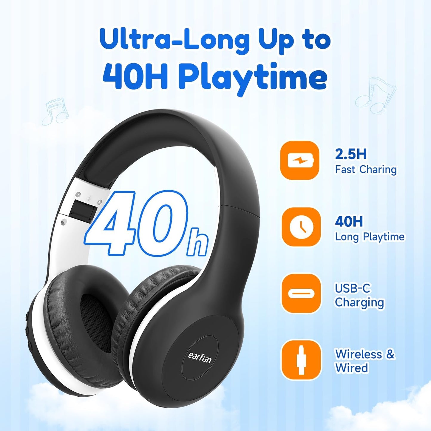 EarFun K2 Kids Bluetooth Headphones, Kids Headphones with Volume Limited, 40H Playtime, Built-in Mic, Stereo Sound, Foldable Over-Ear Headphone for School/Travel/iPad/Tablet, Black