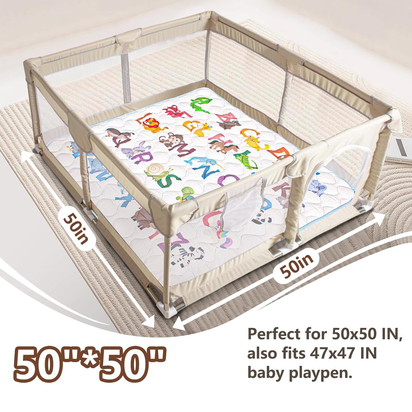 Baby Play Mat, 50x50 Playpen Mat with Super Soft Touch, Activity Mats with Upgraded Anti-Slip Bottom, Machine Washable Crawling Mats for Floor & Picnic (Animal Alphabets)