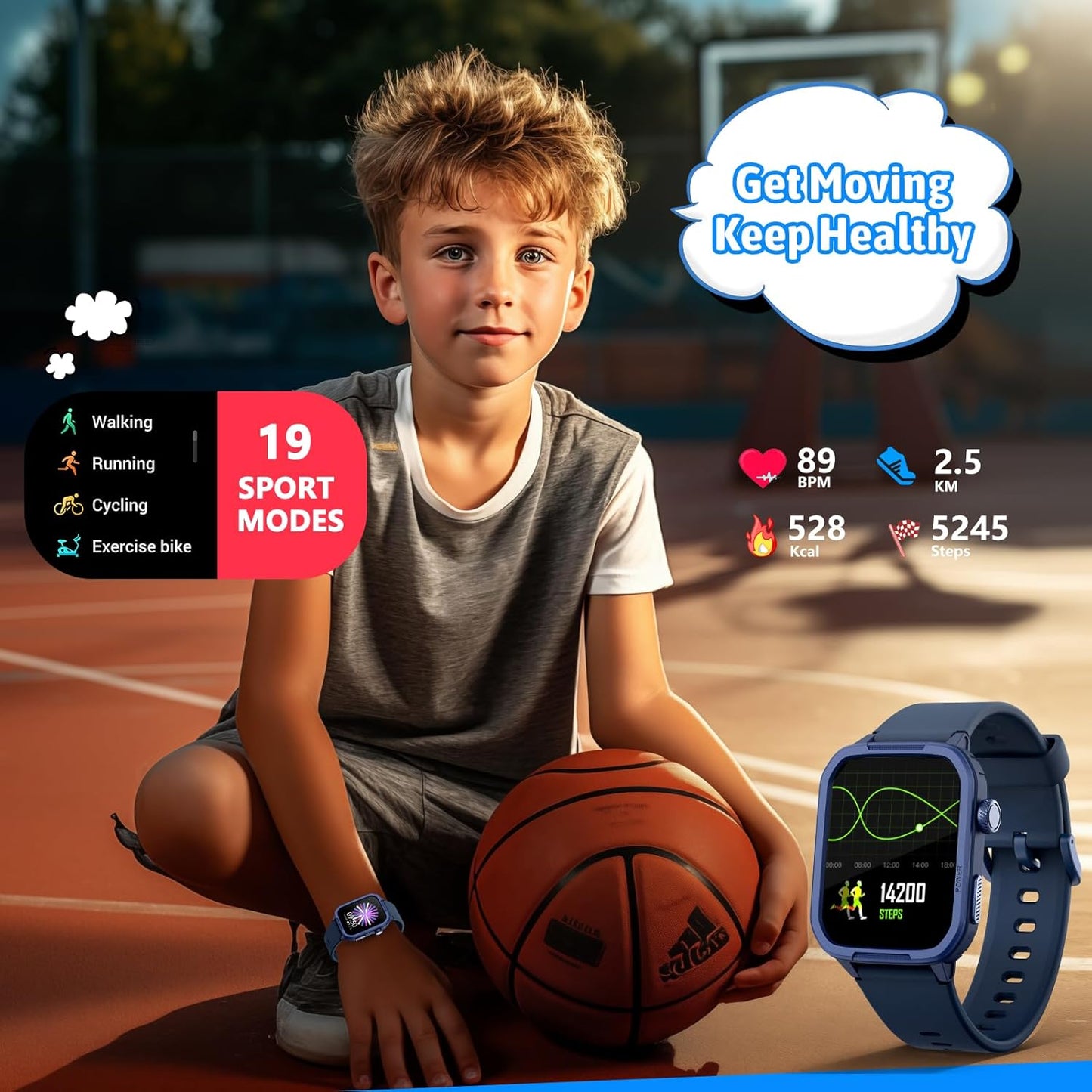 Smart Watch for Kids No Phone Needed, Tempered Glass Fitness Tracker Boy Teens with 19 Sport Modes, Pedometer, Sleep Monitor, Kids Watch Birthday Gifts Toy Gift for Girls Boys 6-16 (Blue)