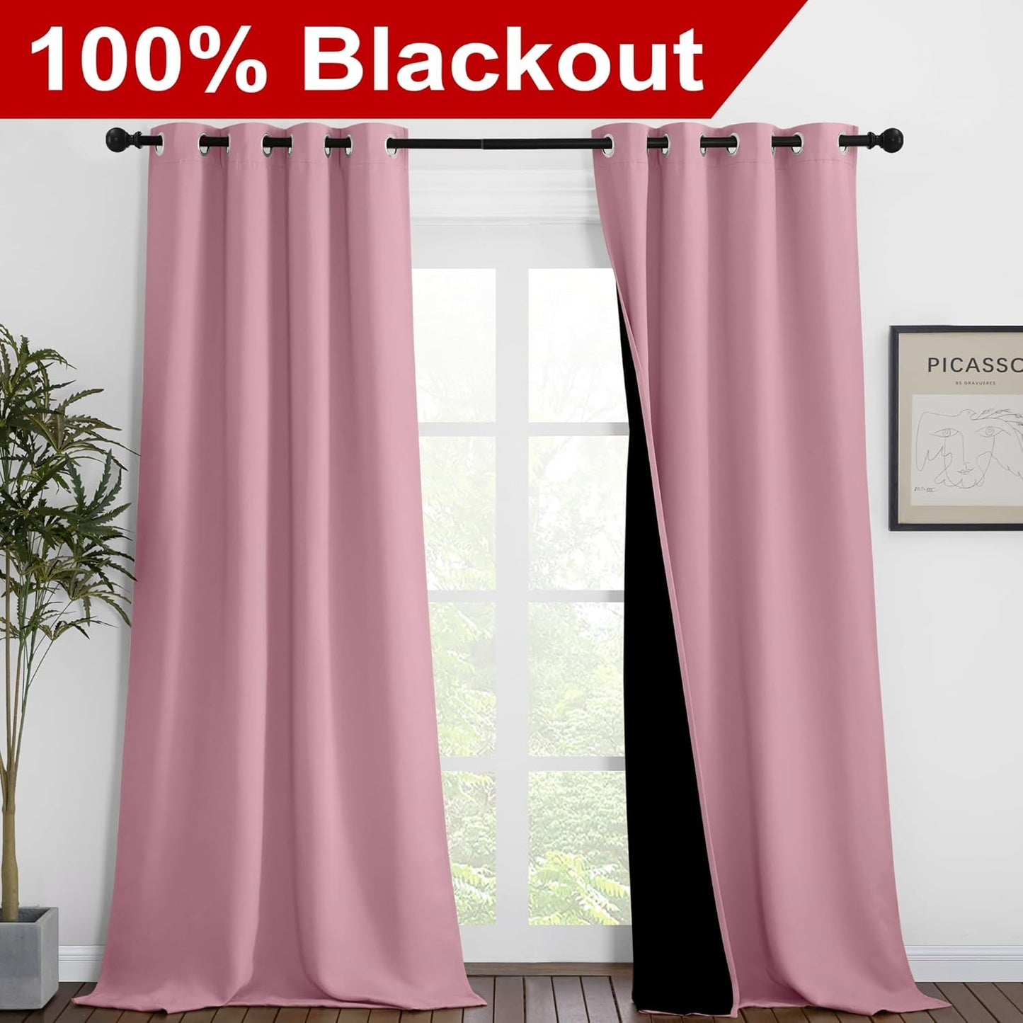 NICETOWN 100% Blackout Blinds, Set of 2, 46 inches x 96 inches, Laundry Room Decor Window Treatment Curtains for Large Patio Sliding Door, Thermal Insulated Crystal Pink Curtains for Bedroom