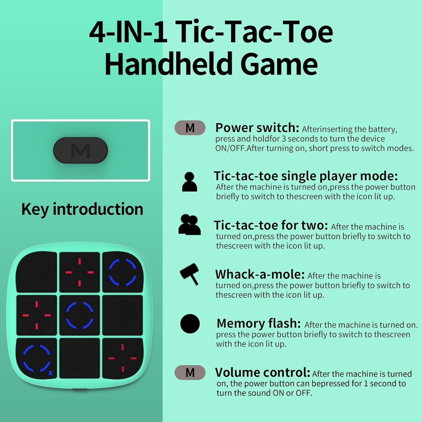 Tic-Tac-Toe Bolt Game, 4-in-1 Handheld Puzzle Game Console, Electronic Tic-Tac-Toe Toy, Educational and Memory Growth, Portable Travel Games for Car Ride, Board Games for Kids and Adults (Cyan)