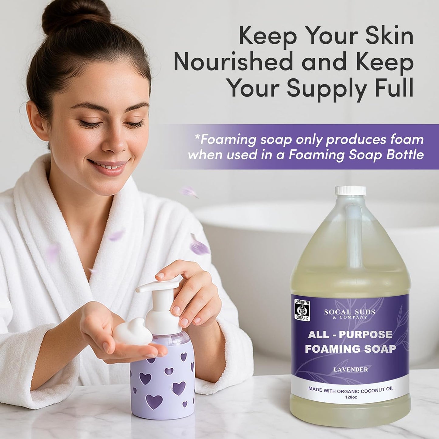 SoCal Suds & Company 128oz Certified Organic Foaming Hand & Body Wash - Gentle Natural Body,Baby & Face Wash for Sensitive Skin, Moisturizing Soap, Hand Soap and More - Lavender