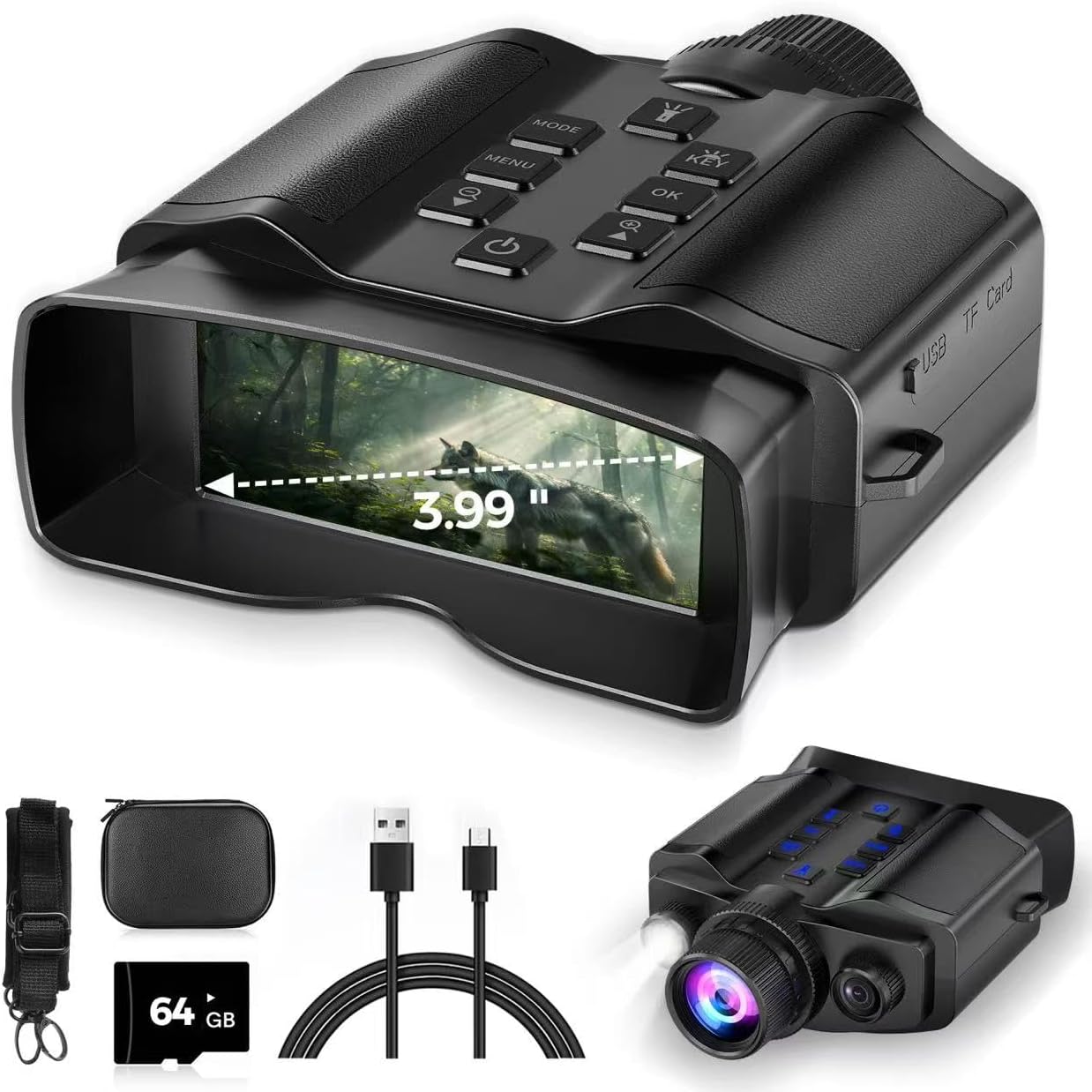 Night Vision Goggles for Adults, Night Vision Binoculars with10000mAh Rechargeable Battery, 3.99" HD Screen & 64GB Card, Infrared Binoculars for Hunting, Camping, Surveillance