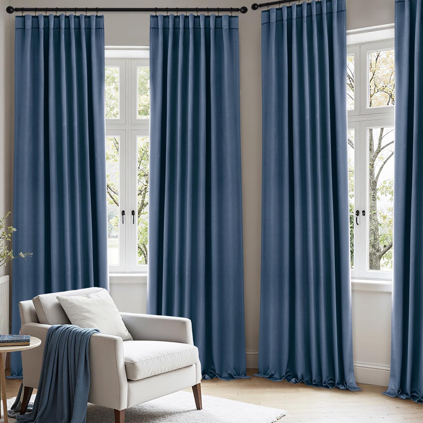ANRODUO Back Tab Blackout Curtains for Bedroom Living Room, Rod Pocket Pinch Pleated Thermal Insulated Room Darkening Curtains 96 Inches Long 2 Panels, Stone Blue, 42 x 96 Inch