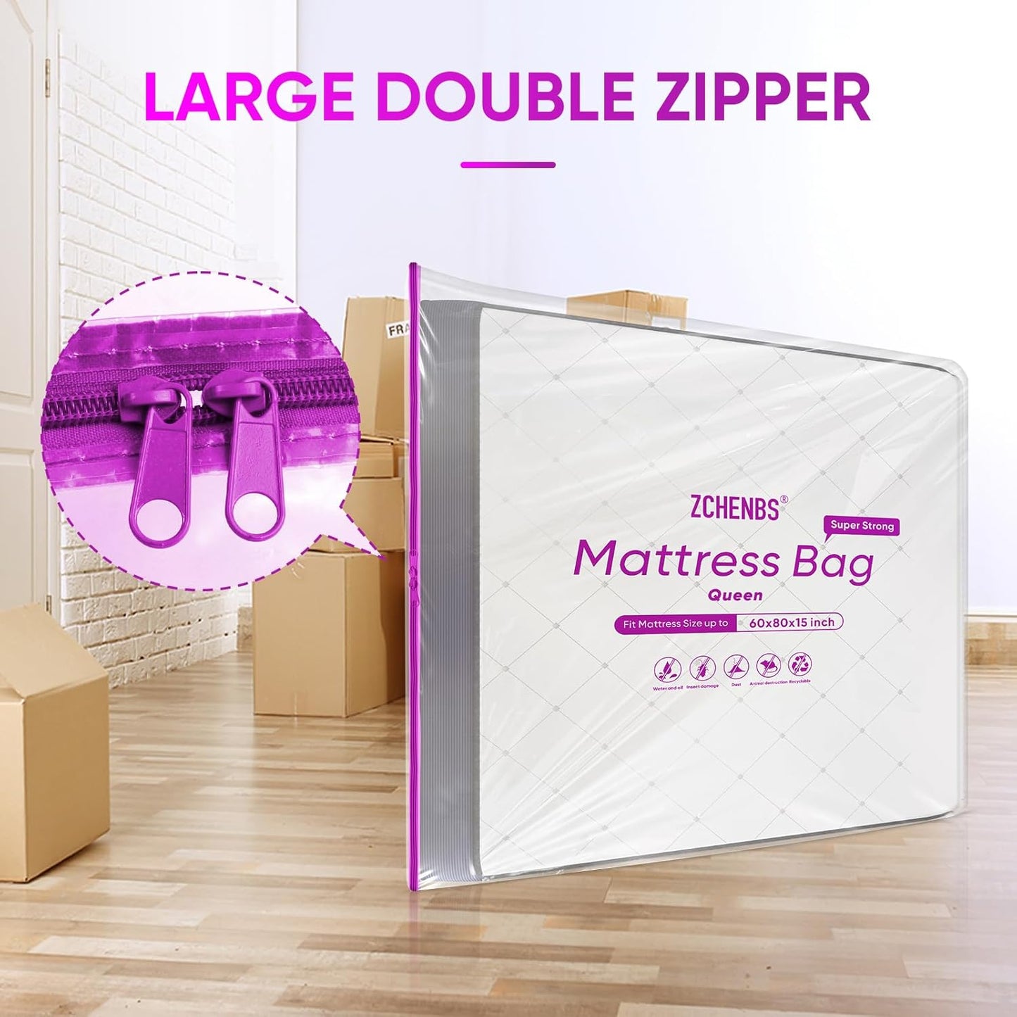 ZCHENBS® – Mattress Bags for Moving and Storage,Mattress Bag with Zippers,5 Mil Ultra-Thick Bed Bag,Waterproof,Anti-Tear,Heavy-Duty Mattress bag (Tansparent/Purple, Queen-(1 Pack))