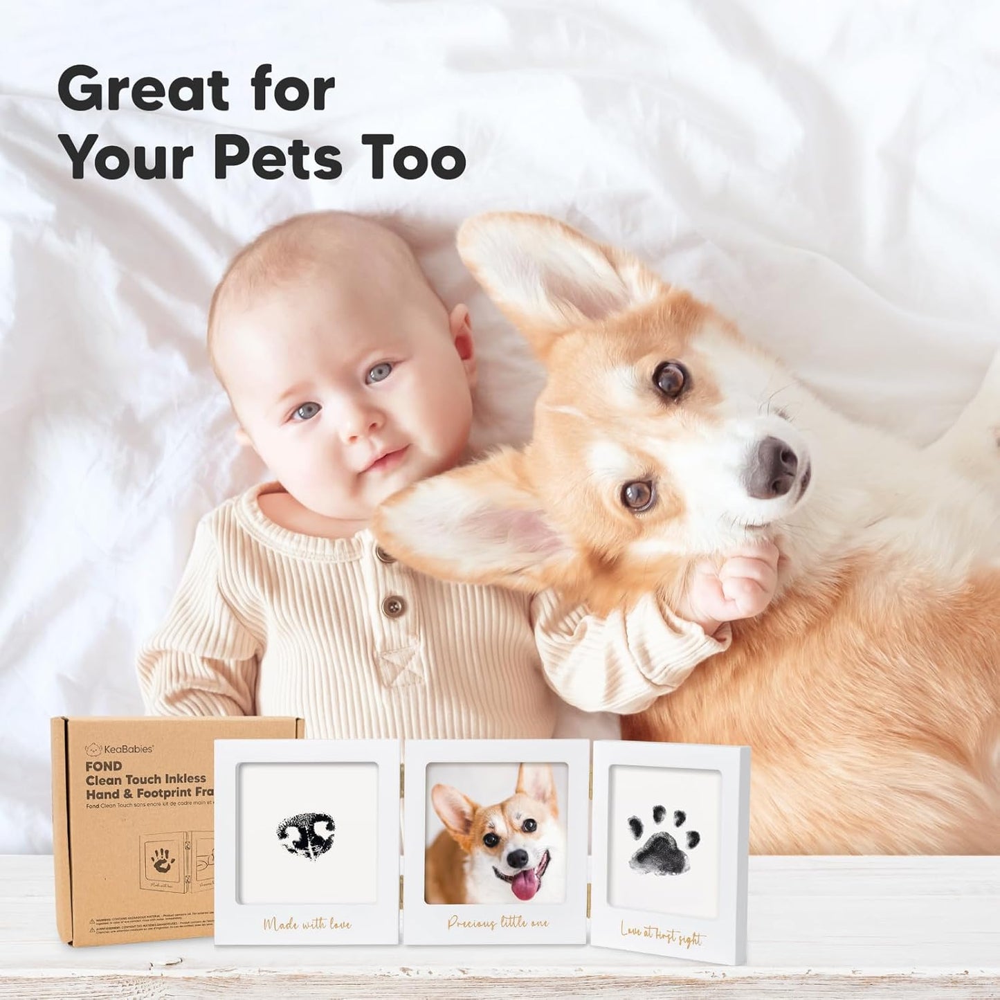 Inkless Baby Handprint and Footprint Kit for Newborn - Baby Footprint Kit,Newborn Keepsake Nursery Picture Frame,Dog Paw Print Maker,Personalized Gifts for New Mom,Showers & Registry(White/Gold)