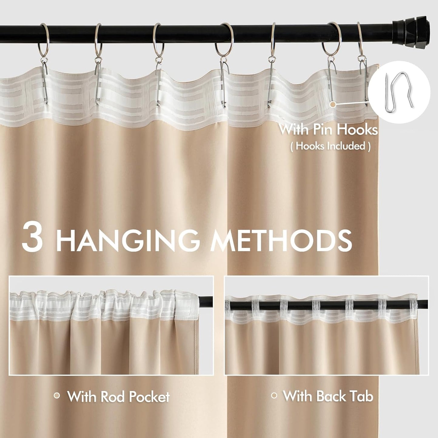 MIULEE Beige Back Tab Blackout Curtains 54 Inches Long 2 Panels Set for Living Room Bedroom Privacy, Rod Pocket/Pinch Pleat Thermal Insulated Room Darkening Pleated Light Blocking Drapes