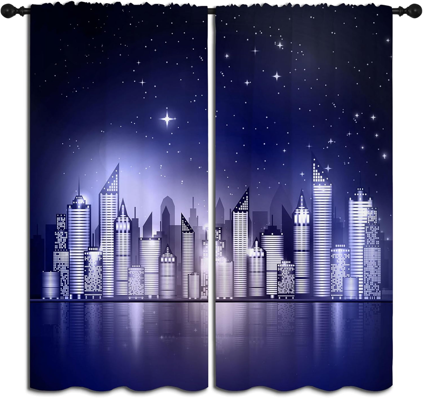 City Rod Pocket Blackout Curtains for Boy Girl Bedroom, New York Skyline Modern City Starry Sky Night View Thermal Insulated Home Window Drapes for Living Room Darkening, 72x63 inch