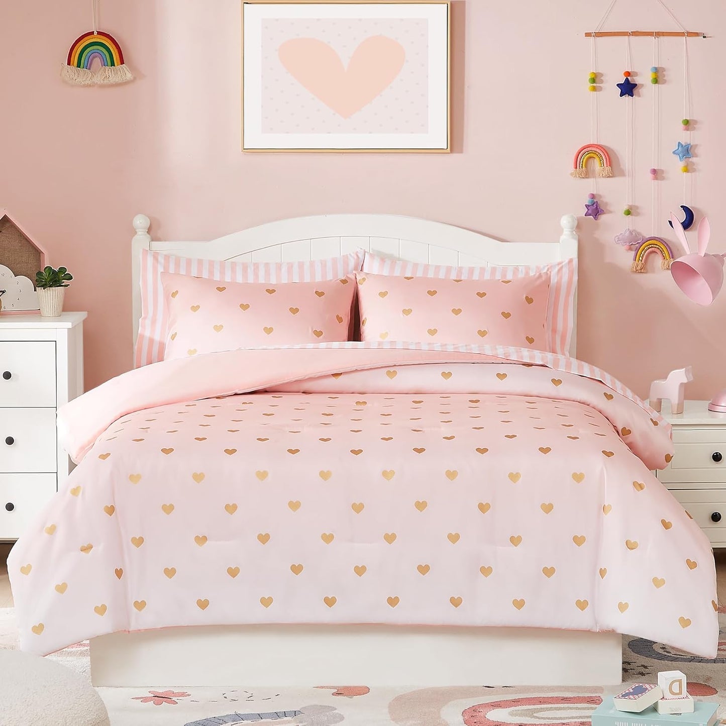 Twin Comforter Set with Sheets for Girls-5 Pieces Twin Bedding Sets with Pink Comforter, Sheets, Pillowcase & Sham for Kids (Pink Gold Heart, 66" X 86")