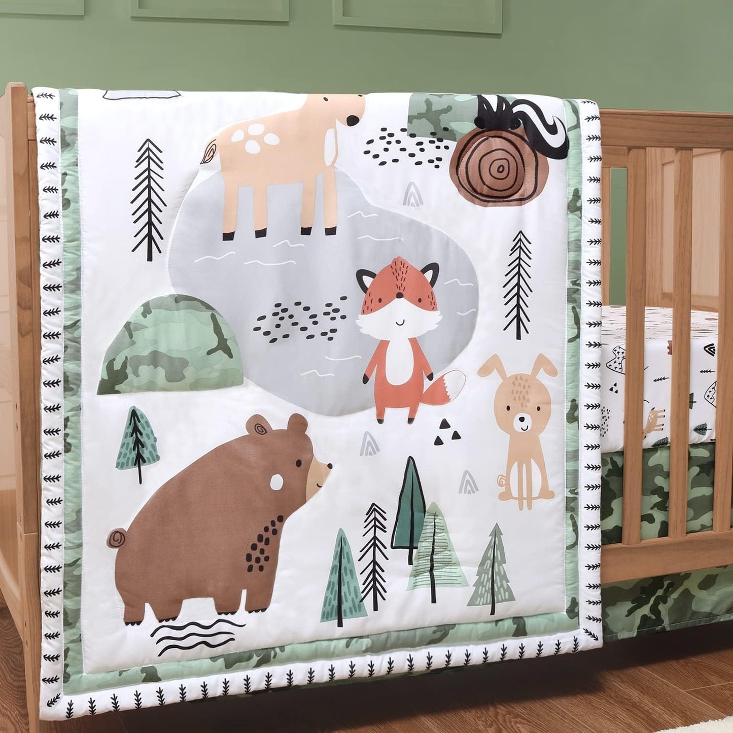 The Peanutshell 3 Piece Baby Crib Bedding Set for Boys - Newborn, Infant & Toddler Nursery Bed Set Decor with Fitted Crib Sheet, Dust Ruffle Comforter - Woodland Camo