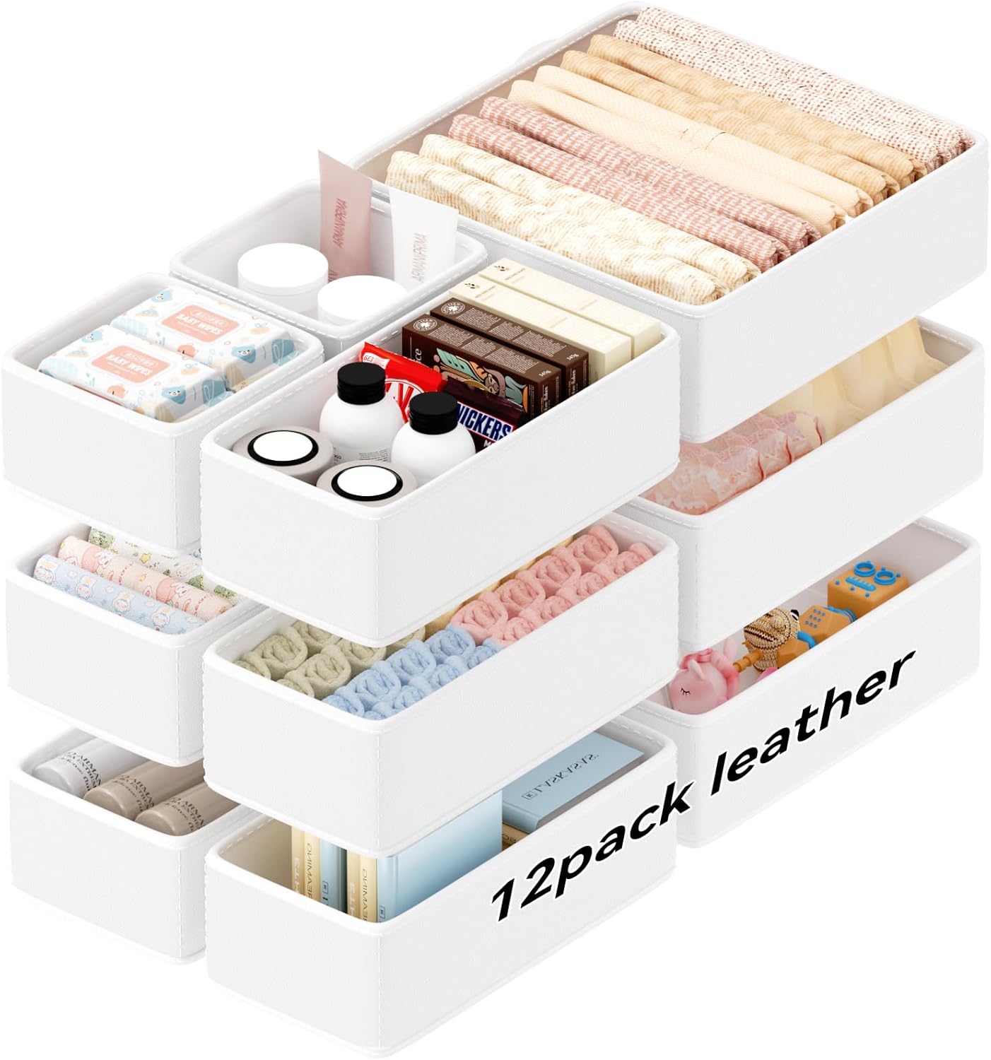 Vegan Leather Drawer Organizers,12 Pack Makeup Storage boxes,Vanity Drawer Luxury upgrade,Bedroom fabric Drawers replacement,bathroom organization and storage Optimal solution