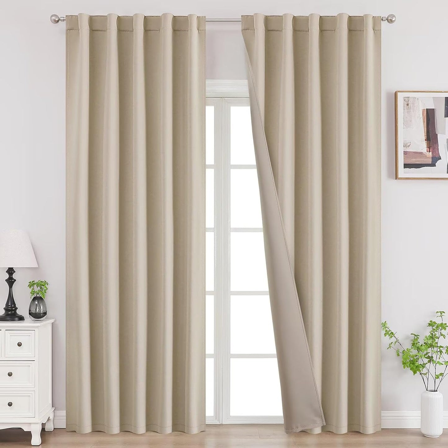 Joydeco 84 Inch Blackout Curtains for Bedroom, Thermal Insulated Black Out Curtains 2 Panels Set, Room Darkening Drapes for Living Room Window Rod Pocket Back Tab (W37 x L84 Inch, Light Beige)