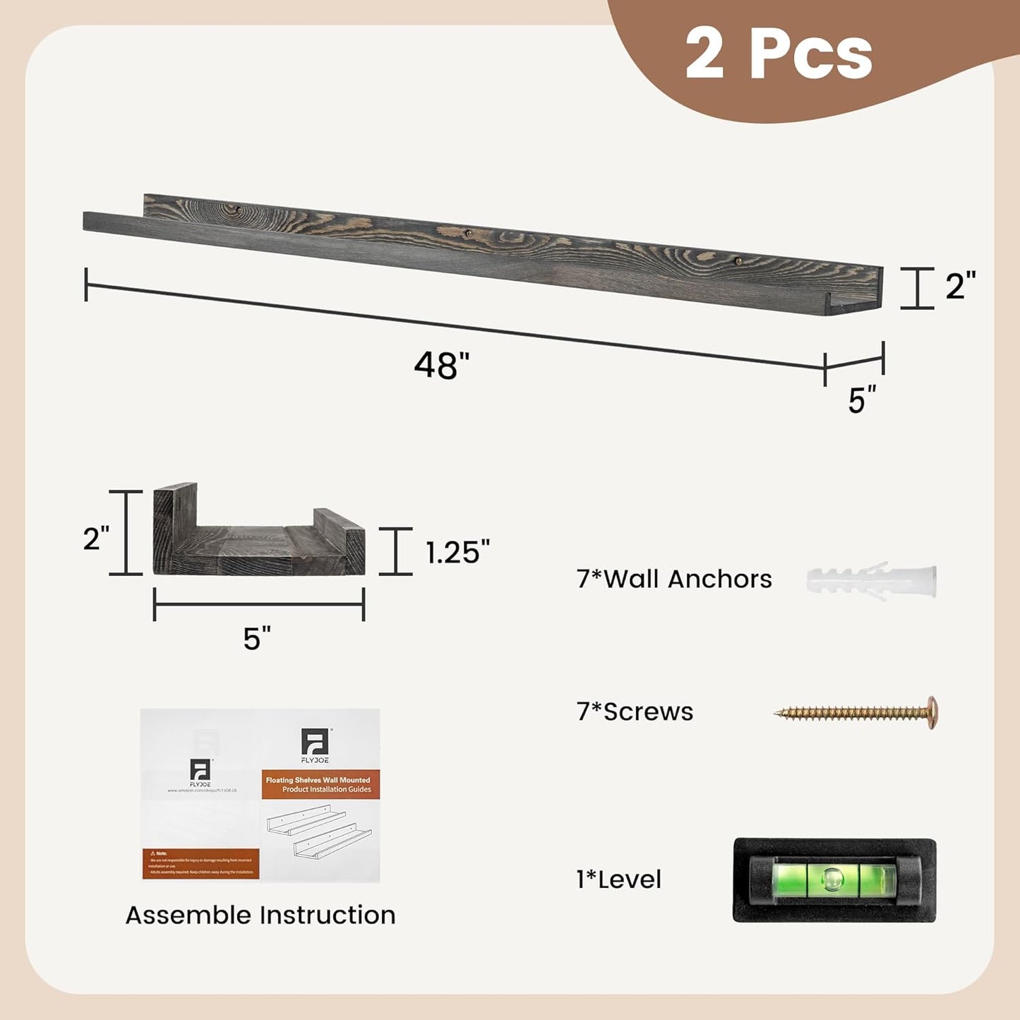 48 Inch Long Floating Shelves for Wall, Solid Pine Wood Picture Ledge Shelves with Lips, Nursery Book Shelves for Toys Storage Living Room Bedroom Photo Frames (2 Pcs, Grey)