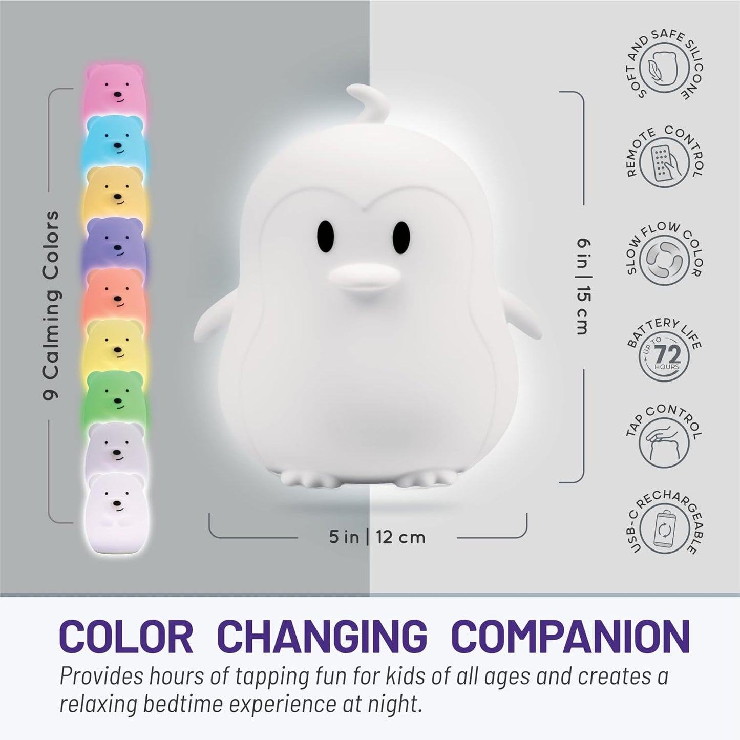 Lumipets Remote Control Silicone Night Light for Kids - Penguin Design with 9 Soft Colors & Sleep Timer - Rechargeable, Battery-Operated Lamp for Bedroom | Baby Nursery, Toddler, Girls, Boys