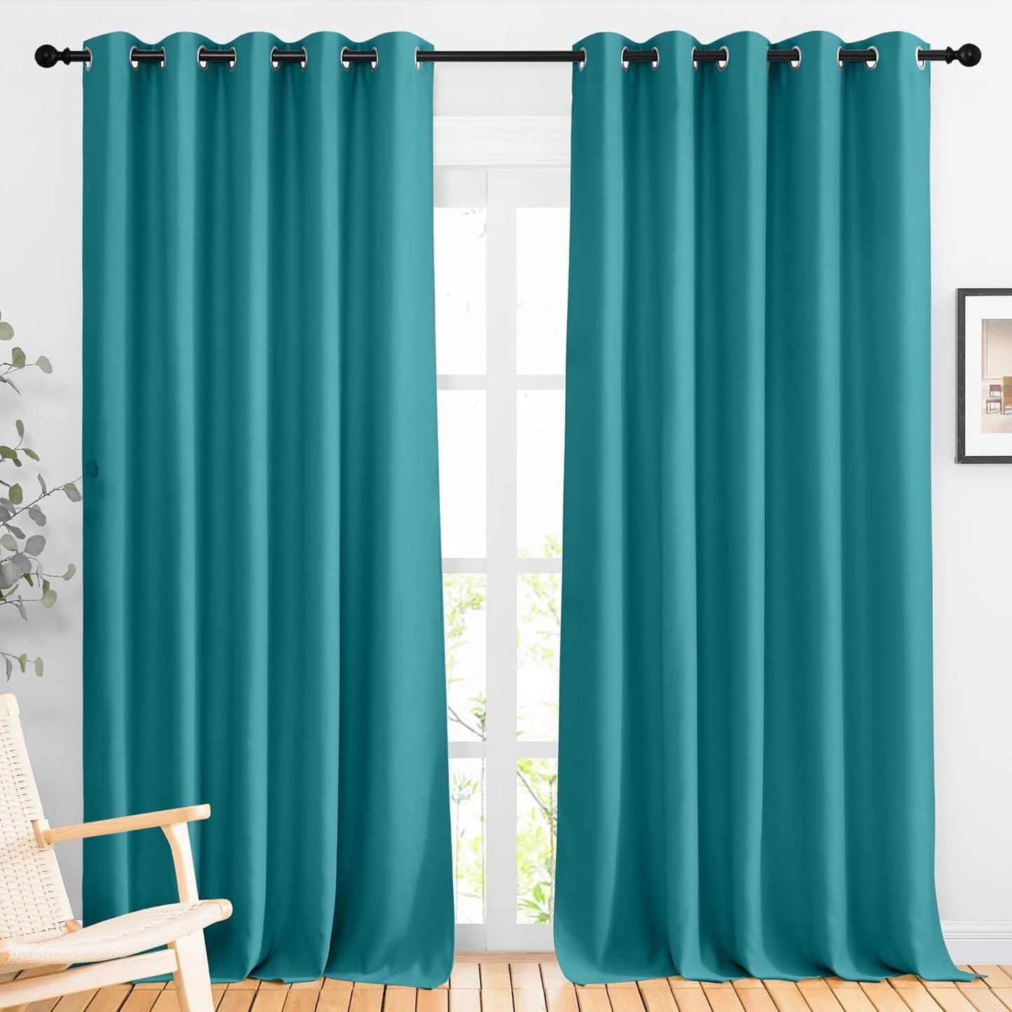 NICETOWN Bedroom Blackout 110 inch Curtains for Sliding Glass Door, Grommet Thermal Insulated Solid Window Treatments Sound Reducing for Living Room, W66 x L110, Peacock Teal, Set of 2