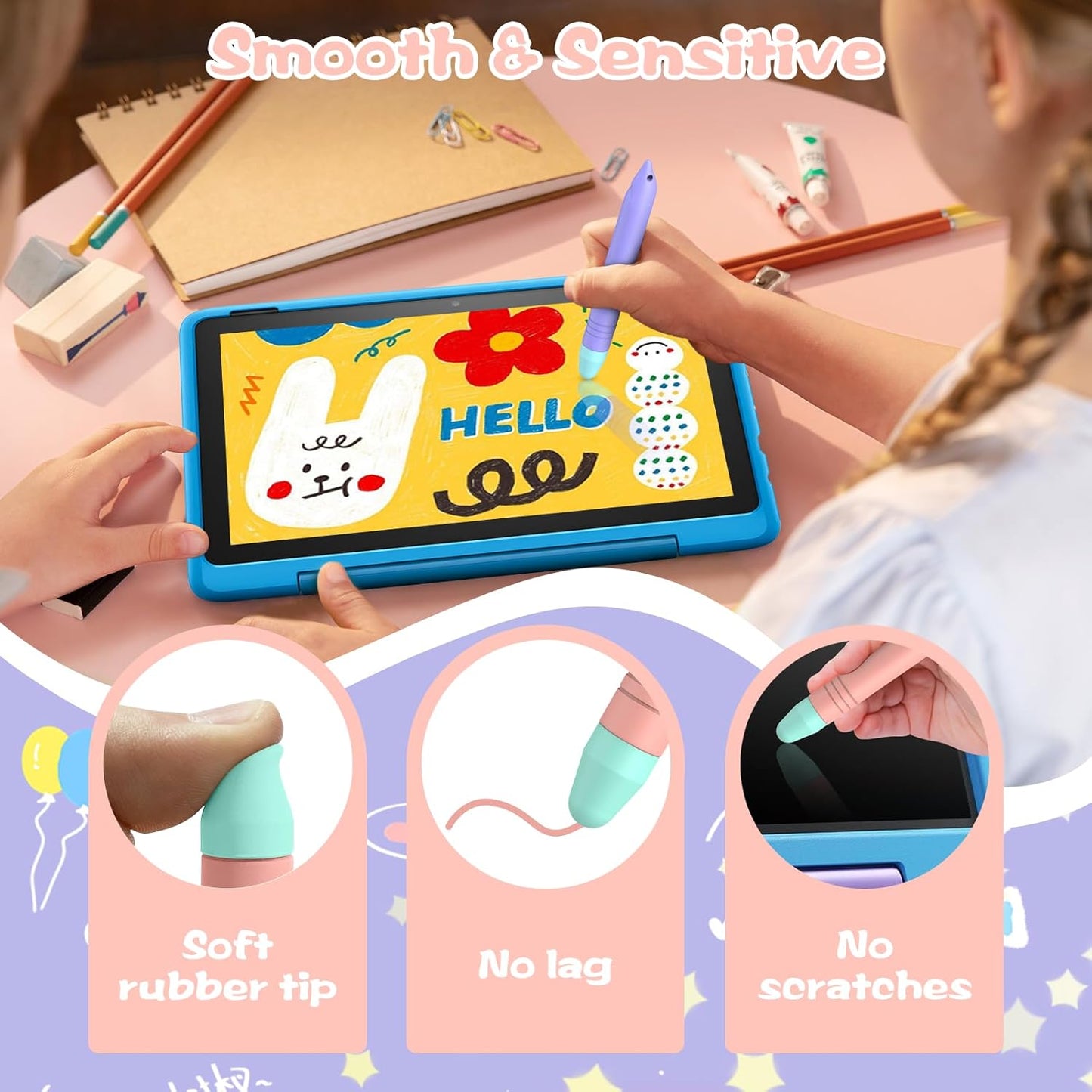 Stylus Pens for Kids, MEKO 2 Pack Kid-Friendly Tablet Pen with Tethers Work for Amazon Fire Tablet, iPad, iPhone, Android Tablets, All Touchscreen Devices (Pink+Purple)