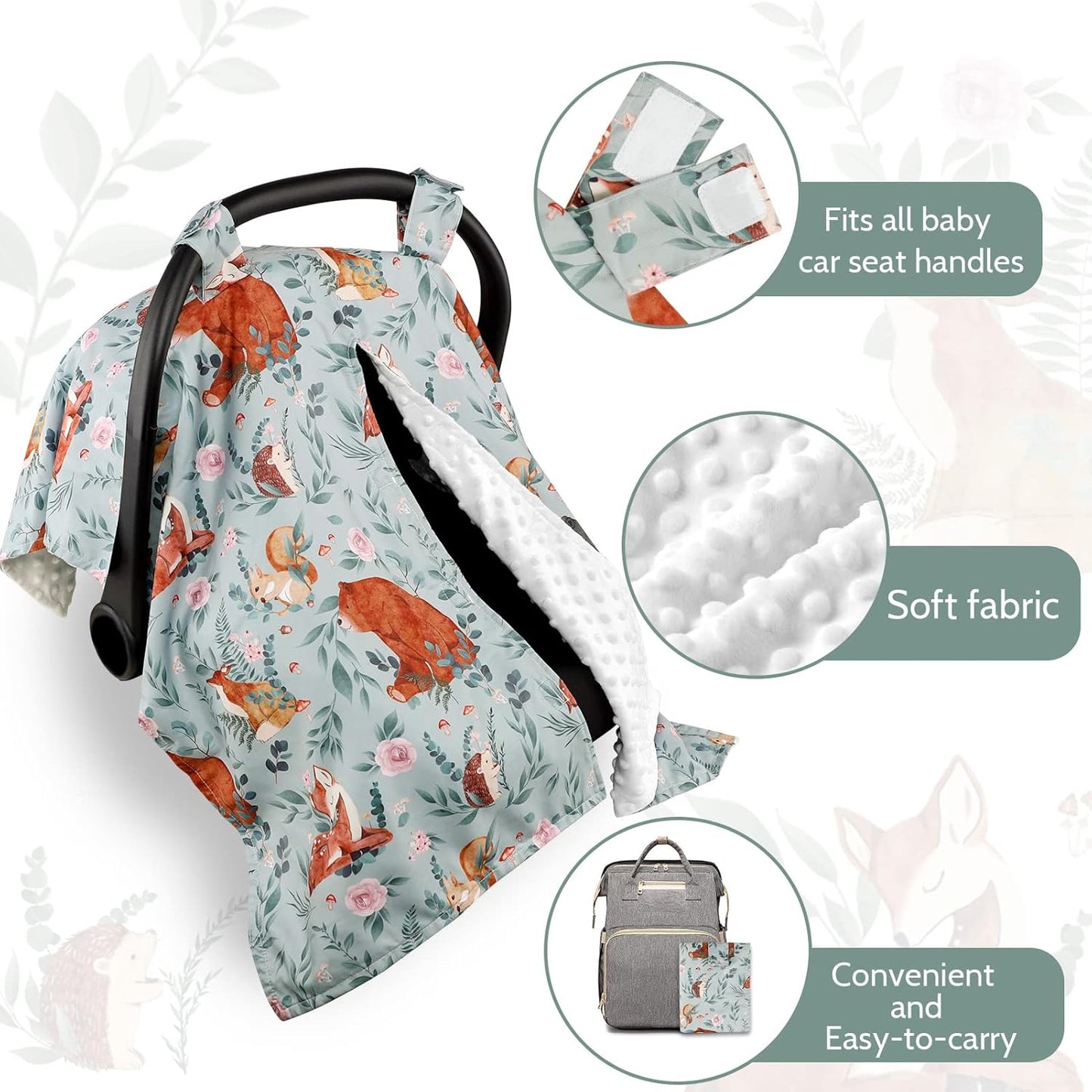 TANOFAR Car Seat Cover Baby, Carseat Covers Baby Boy Girl, Peekaboo Opening Infant Car Seat Cover for Winter, Warm & Cozy, Woodland Animals