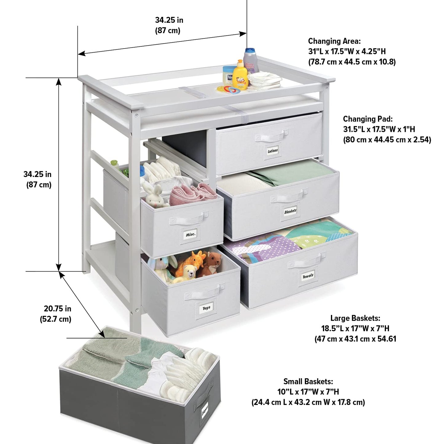 Badger Basket Modern Baby Changing Table - Diaper Station Organizer with 6 Storage Drawers, Reversible Baskets, Safety Rails - Baby Nursery Furniture with Changing Pad and Belt - White