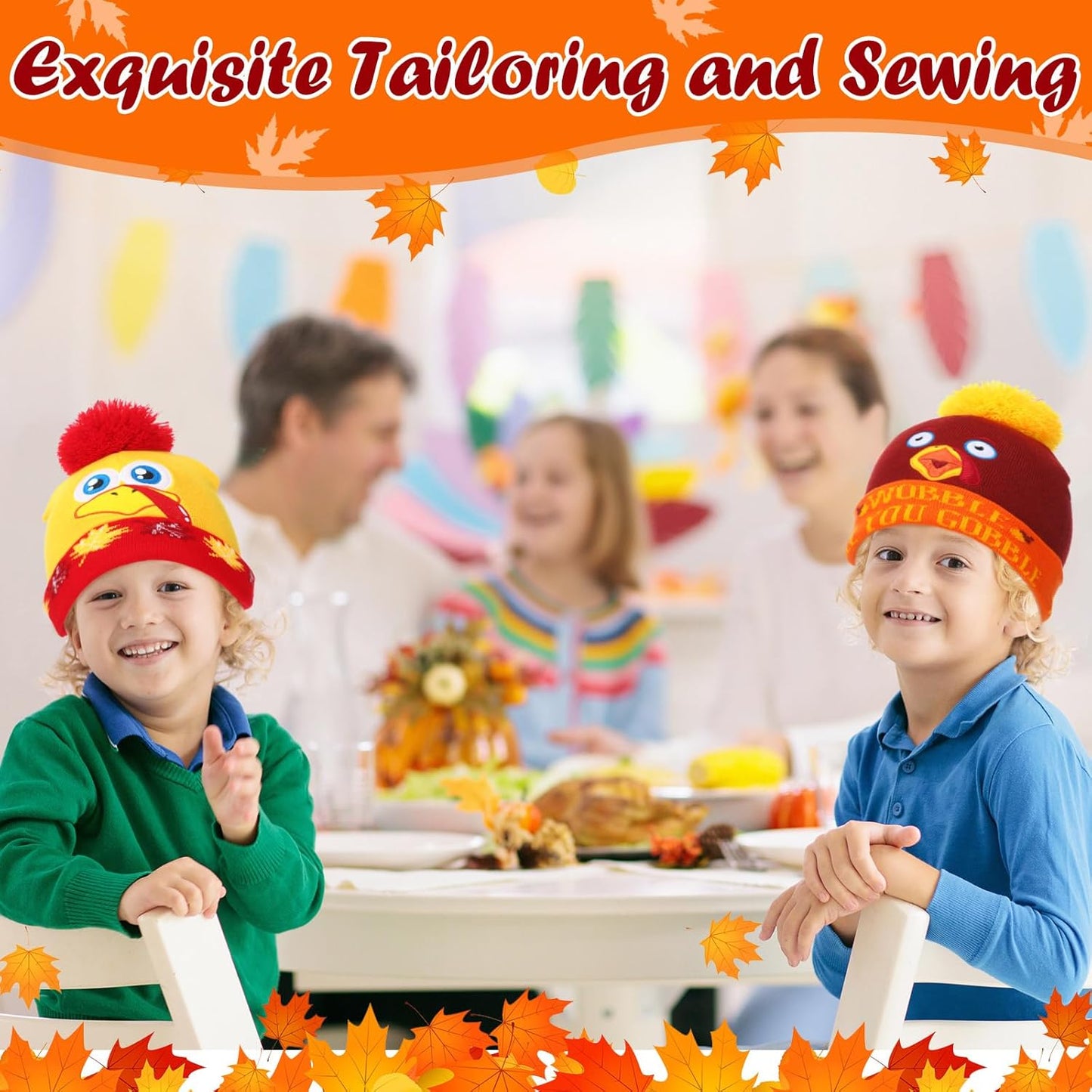 4 Pcs Turkey Pom Pom Beanie Hat Thanksgiving Funny Beanie Turkey Hat Turkey Knitted Cap for Kids Baby Adults Men Women Dress up Costume Running Winter Cosplay