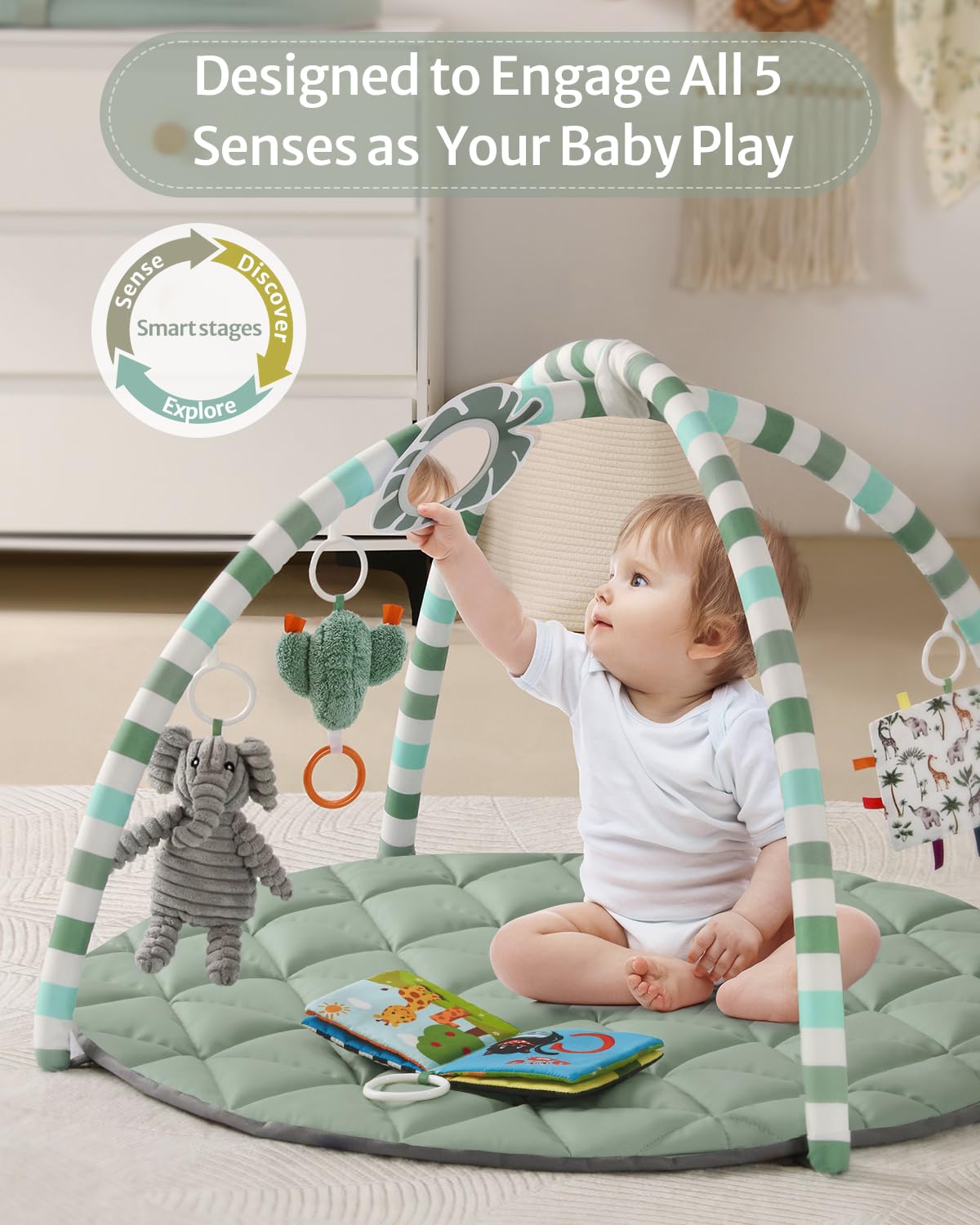 Blissful Diary Waterproof Baby Play Gym Mat, Wipe-Clean Vegan Leather Tummy Time Mat with 6 Detachable Toys, Baby Activity Mat, Sage Green