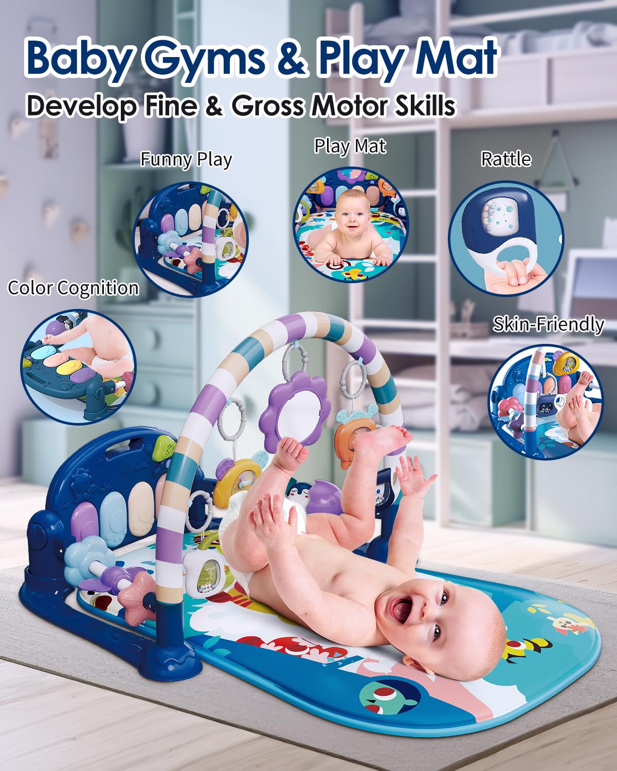 Dearlomum Baby Play Mat & Gym, Fun Piano Tummy Time Activity Mat with 5 Sensory Toys, Music & Lights - Boy & Girl Gifts, 0-12 Months (Blue)