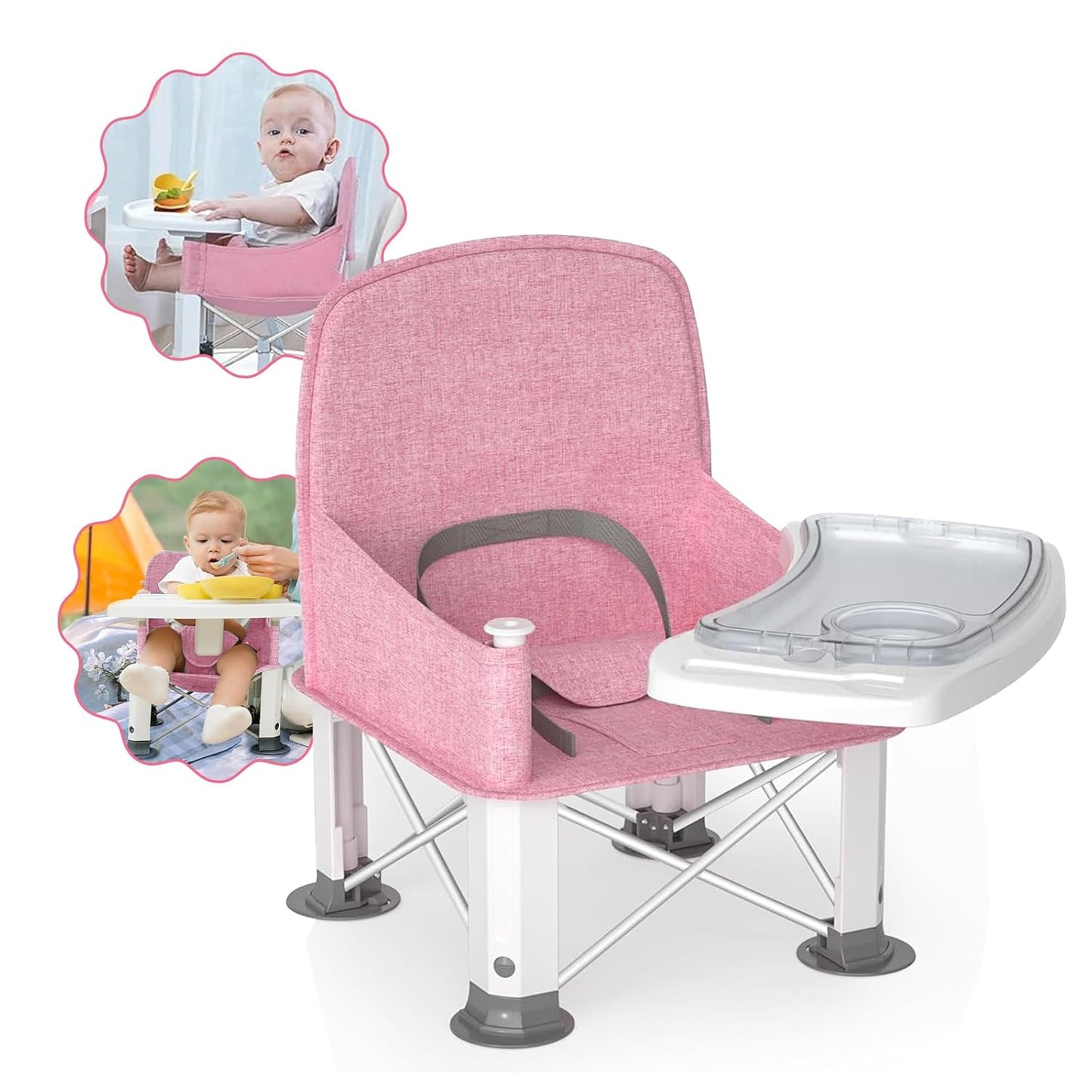 Baby Travel Booster Seat with Double Tray, BabyBond Upgraded Toddler Portable Baby Chair, Booster Seat for Dining Table, Stable and Foldable Booster Baby Chair for Indoor/Outdoor (Pink)