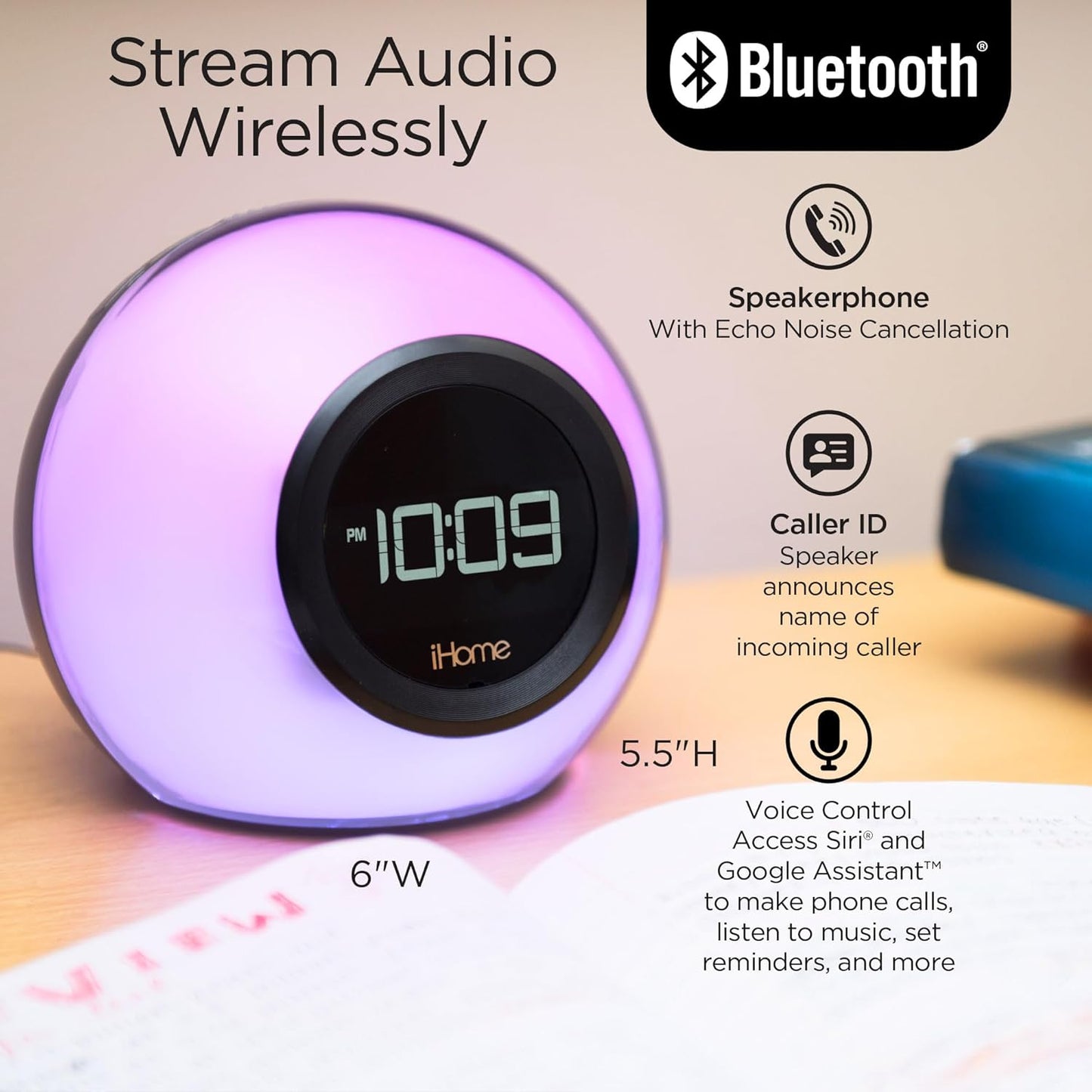 iHome Alarm Clock Radio with Bluetooth Speaker and Color Changing Lamp, USB Charging, and Speakerphone for Home, Office, or Dorm (IBT29BX6)