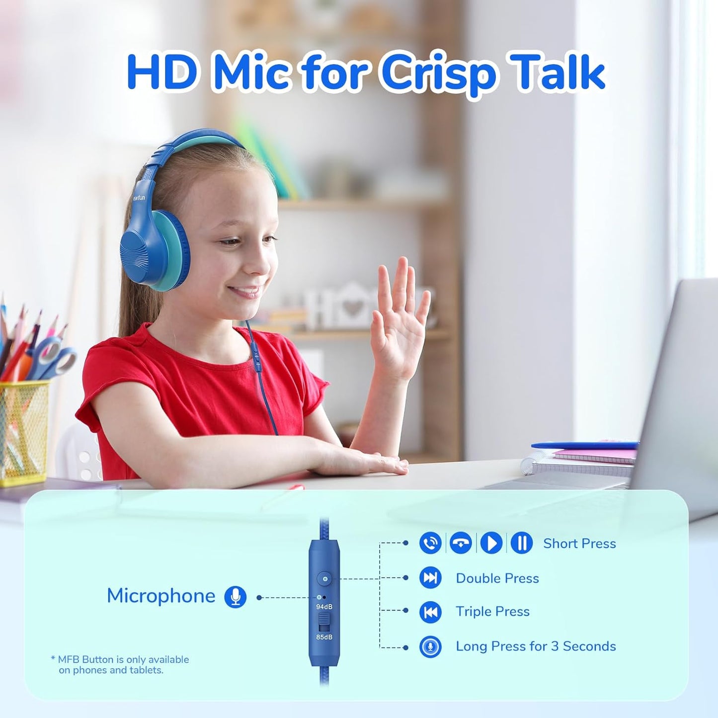 EarFun K3 Kids Headphones, Over Ear Headphones with Microphones, 85/94dB Safe Volume Limit, HD Stereo Sound, 3.5mm Jack, Foldable Wired Headphones for School/Travel/Boys/Girls/Tablet/iPad, Blue