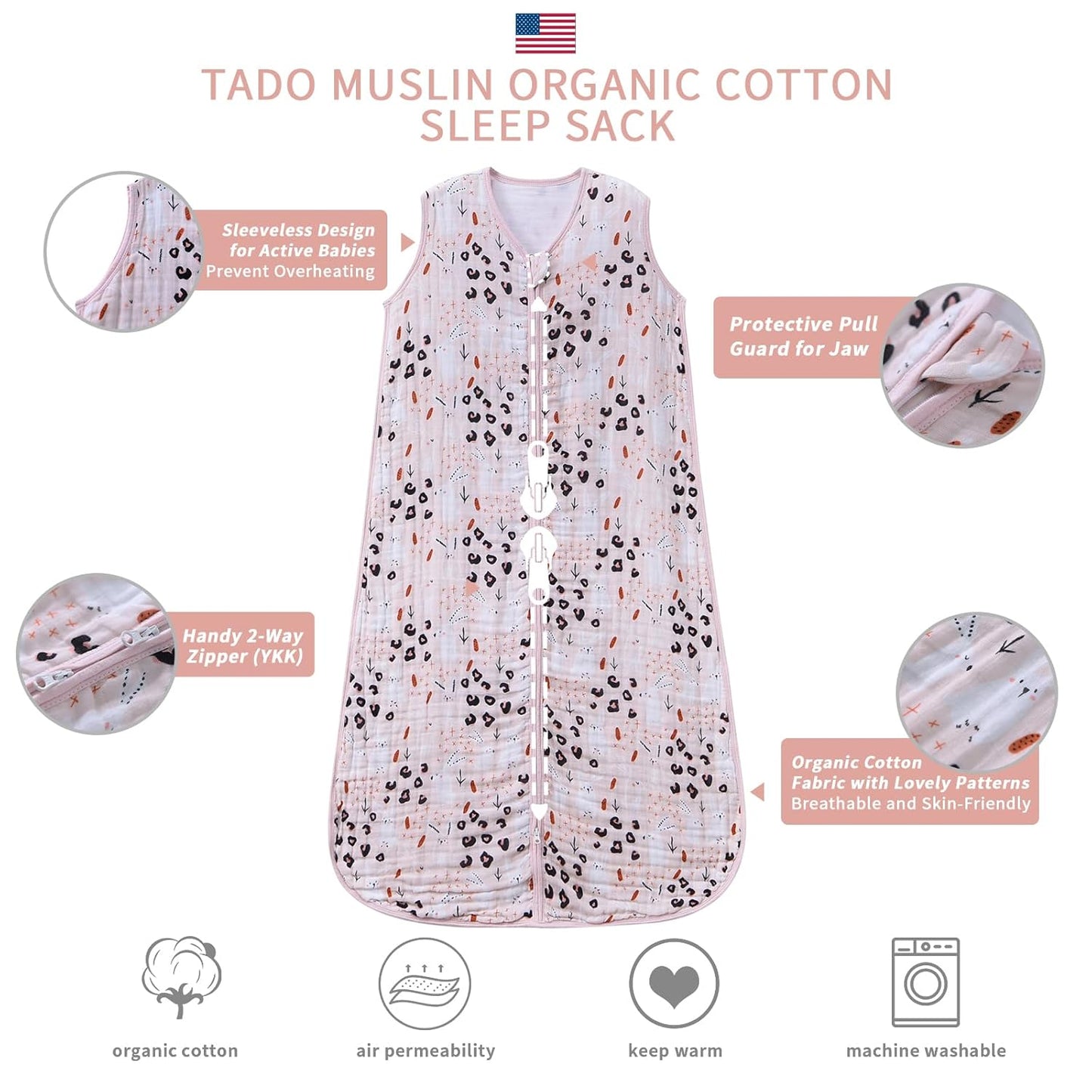 Baby Sleep Sack 2-4 T Boys & Girls Wearable Blanket 100% Organic Cotton 0.5 TOG Toddler Sleep Sacks 2- Way Zipper X-Large Pink Bunny