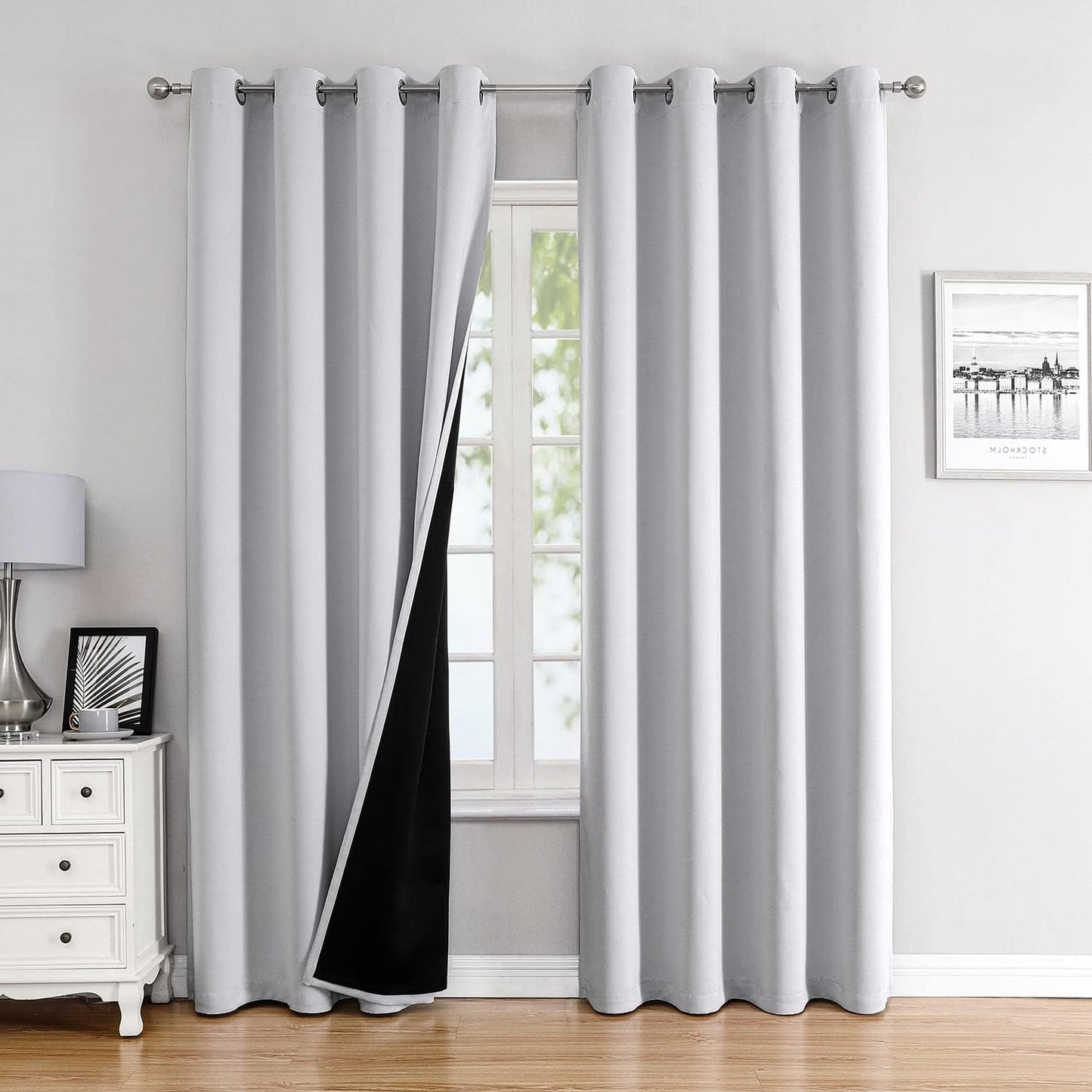 ChrisDowa 100% Blackout Curtains for Bedroom with Black Liner, 2 Thick Layers Total Blackout Thermal Insulated Grommet Long Window Curtains 2 Panels Set (Greyish White, 52 x 95 Inch)