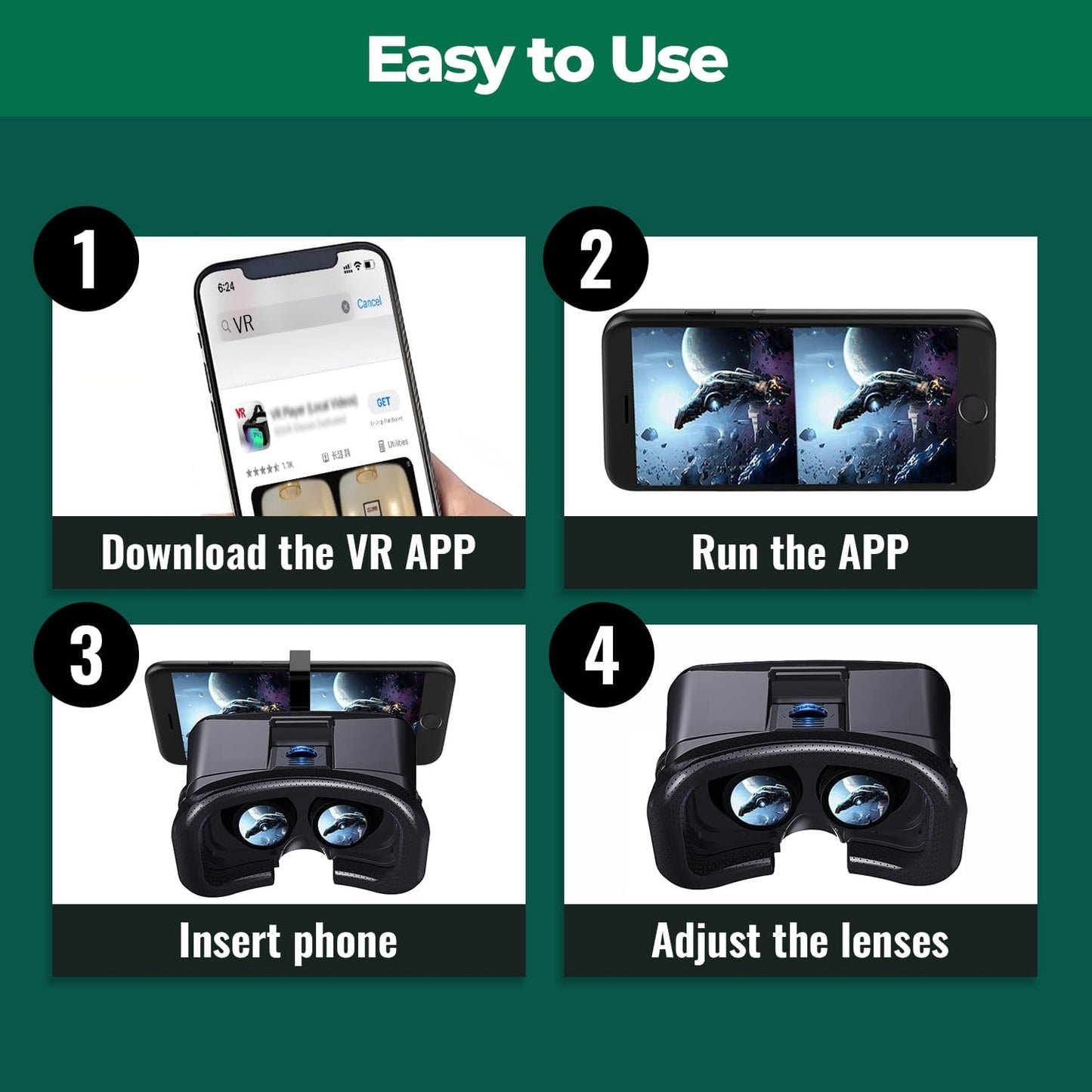 VR Headset for Phone, Anti-Blue Lens PD & Fl Adjustable Virtual Reality Goggles Set for Kids and Adults, Compatible with iPhone 16/15/14/13/12 Samsung Android 4.5-6.7"