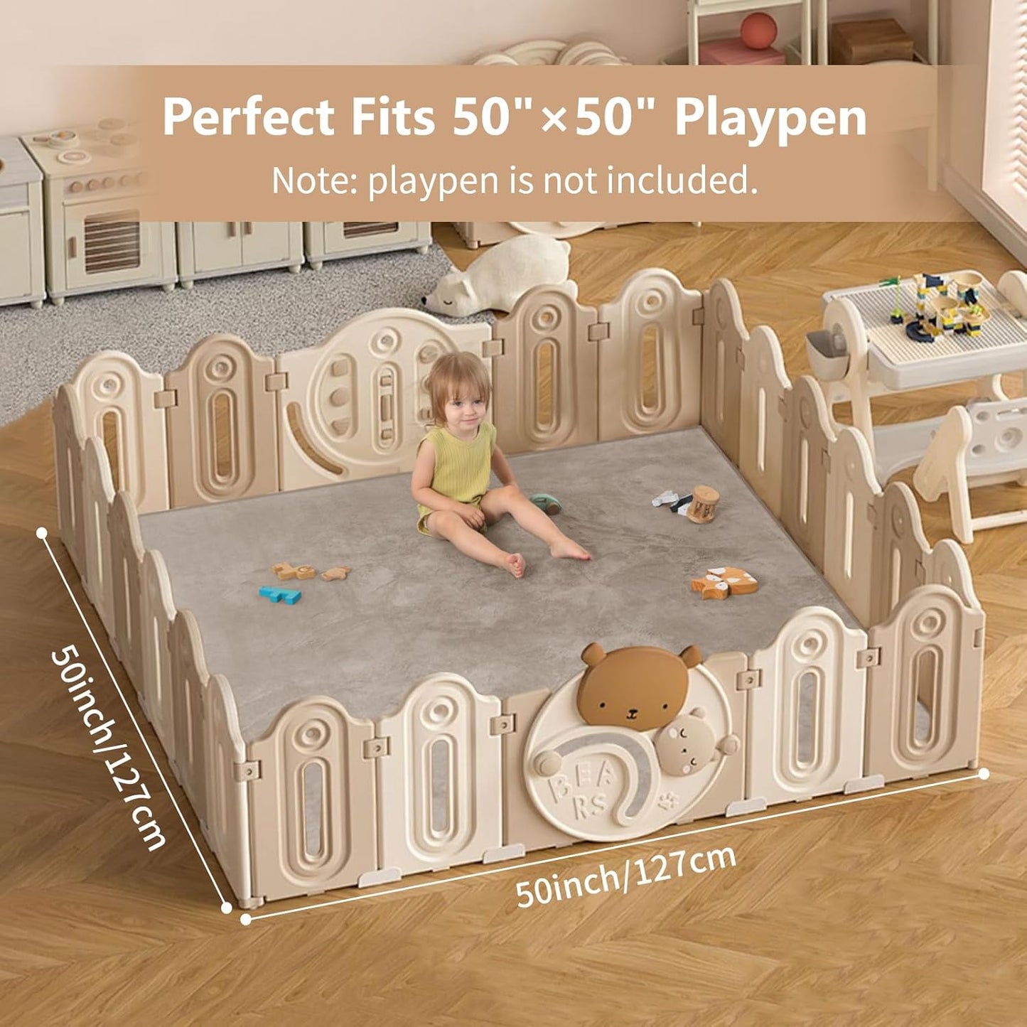 Baby Play Mat for Floor,1.3" Thick Elasti-Foam 50"×50" Playpen Mat for Tummy Time,Water Repellent Soft Coral Velvet for Toddler,Infant,Kids,Non-Slip Backing Safe for Crawling(Beige)