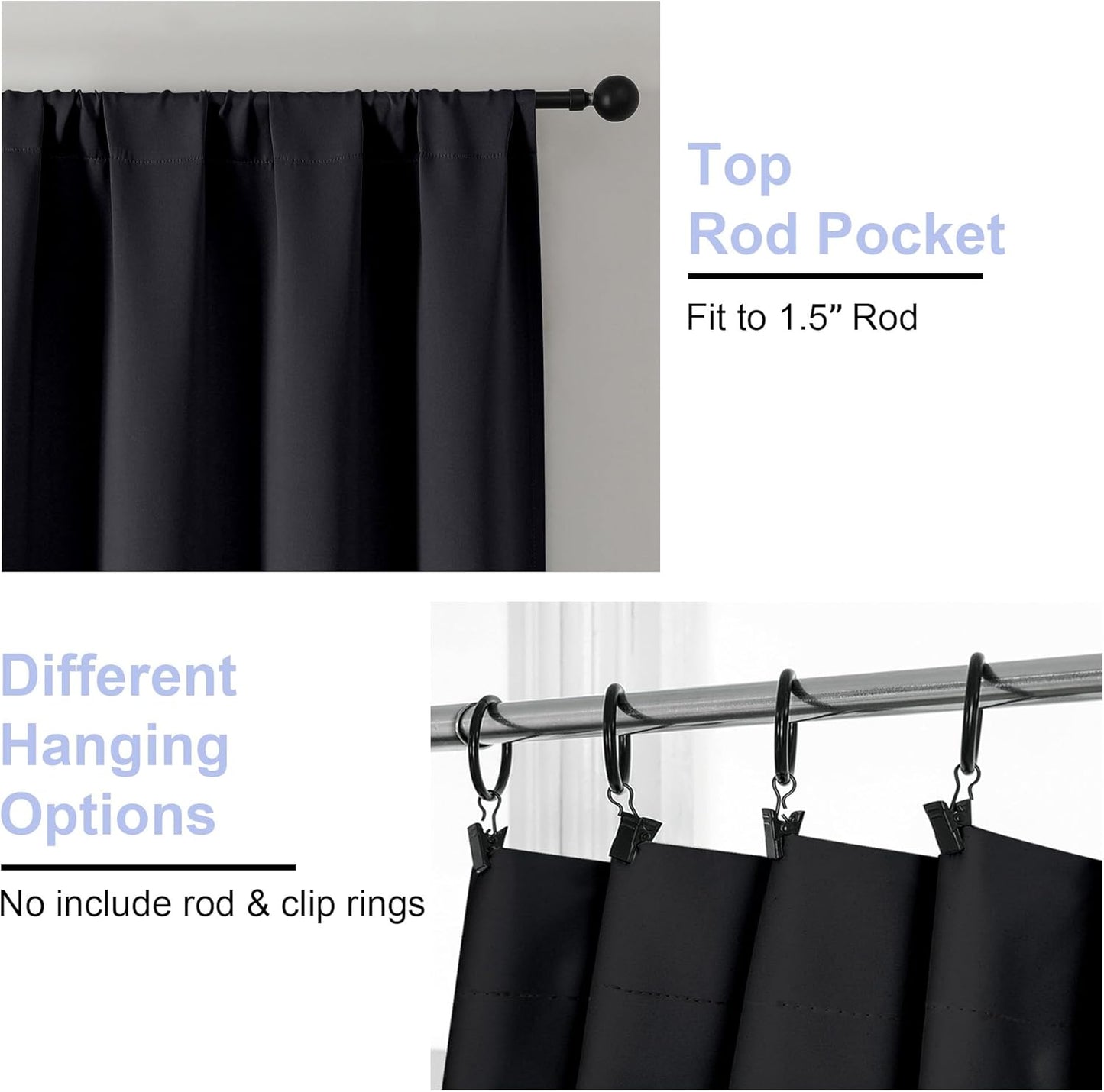Simplebrand Ava Halloween Black Short 36 Inches Blackout Curtain 2 Panels Set, Half Window Rod Pocket Privacy Curtain Tiers for Kitchen, Curtains Blackout for Bathroom Shades, W40 x L36 Inch, Black