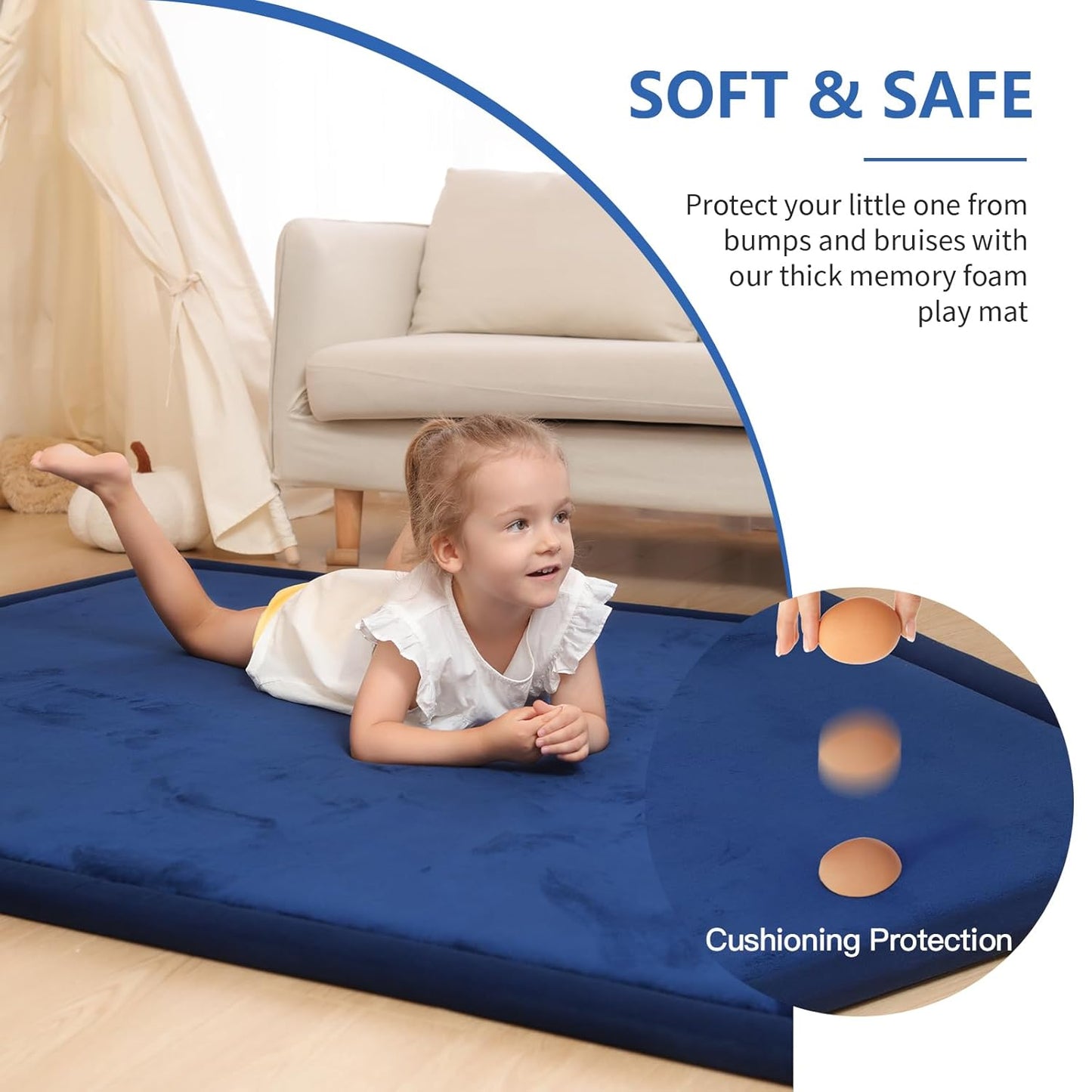 Baby Play Mat for Floor,1.3" Thick Memory foam Tummy Time Mat,Soft Coral Velvet Nursery Rug,Extra Large Non Slip Crawling Mat for Toddlers,Infants,kids,Yoga Mat,Tatami Mat for Living Room(Royal Blue)