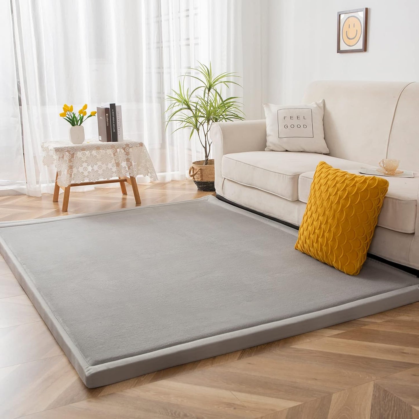 MAXYOYO Grey Coral Velvet Area Rug, Thick Japanese Tatami Mat Living Room Carpet with Non-Slip Backing, Large Solid Color Mat for Bedroom Dormitory Yoga, 78 by 158 inch