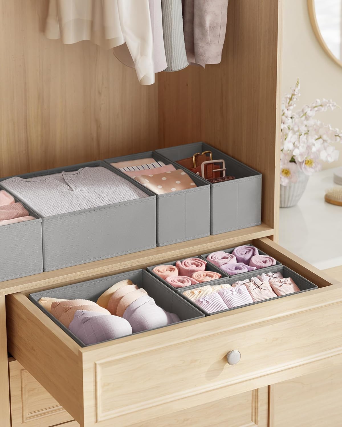 SONGMICS Drawer Organizers, Dresser Divider Organizers, Set of 18, Foldable Fabric Storage Boxes for Socks, Underwear, Bras, Ties, Scarves, Dove Gray URDZ006G05