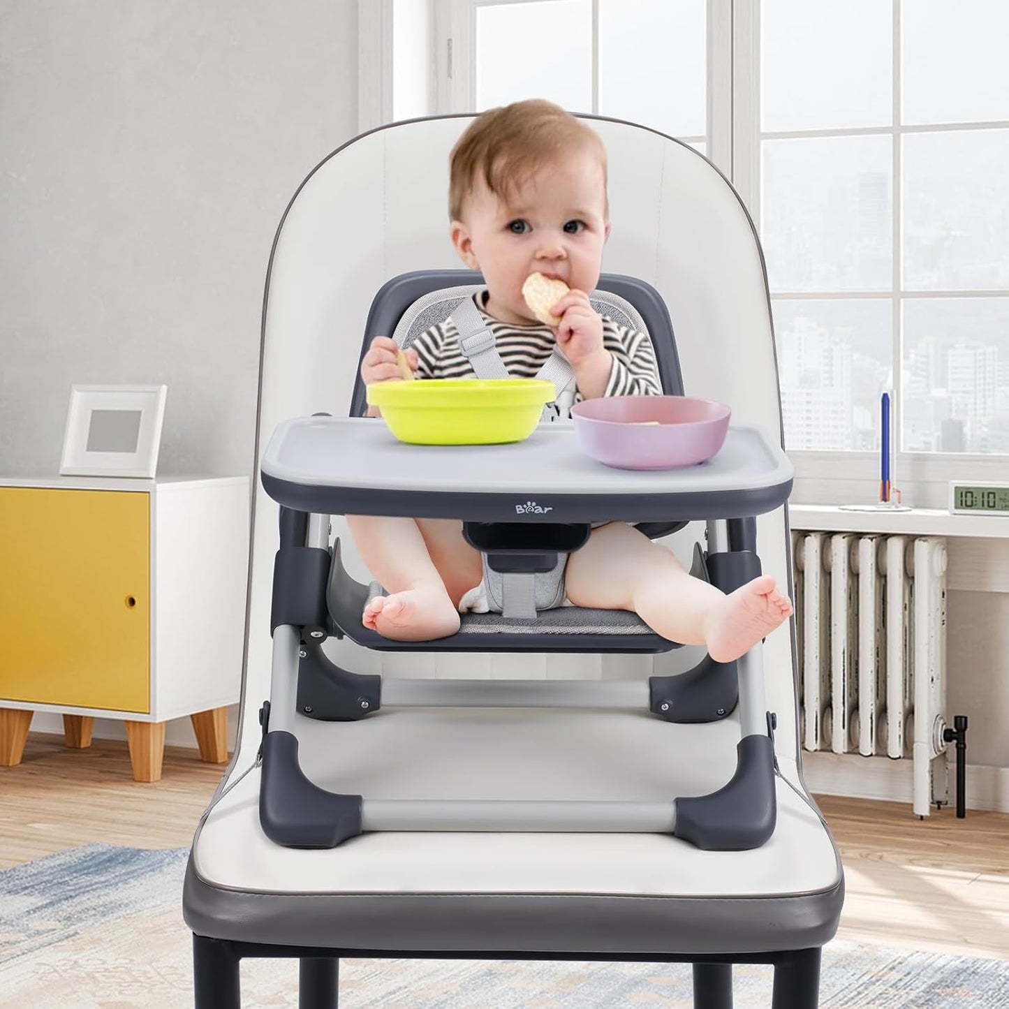 Bear Booster Seat for Kitchen Chairs, Portable High Chair for Babies 6–12 Months, Adjustable 3-Level Foldable Booster with Removable Tray, Ideal for Home, Outdoor, Camping, and Travel