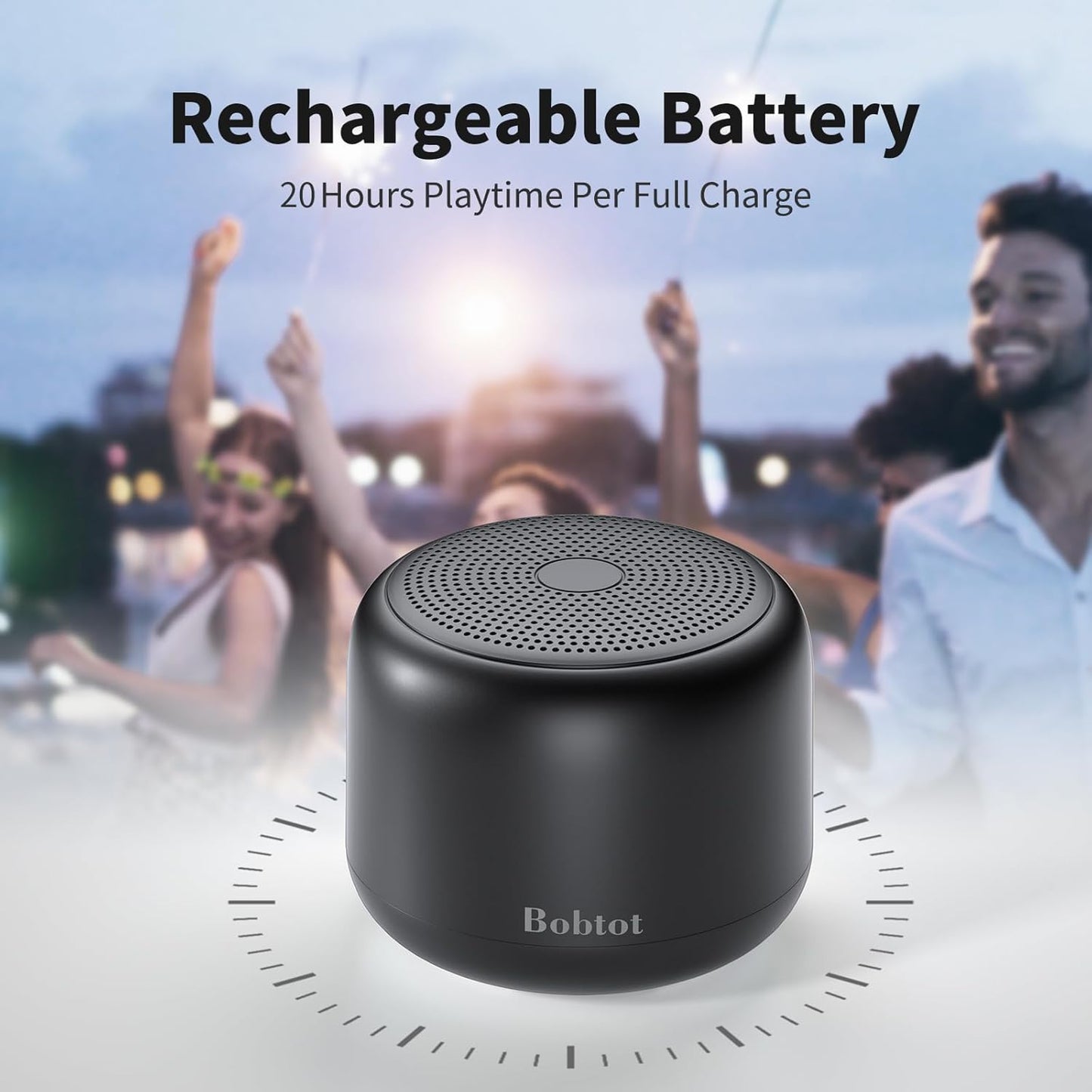 Bobtot Portable Bluetooth Speakers with Strap Easy to Carry, Wireless IPX5 Waterproof Mini Speaker with Loud Stereo Sound, 20 Hours Playtime, Rechargeable Battery, Built-in Microphone, Black