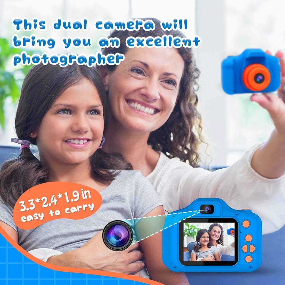 Upgrade Kids Selfie Camera, Christmas Birthday Gifts for Boys Age 3-9, HD Digital Video Cameras for Toddler, Portable Toy for 3 4 5 6 7 8 Year Old Boy with 32GB SD Card-Navy Blue