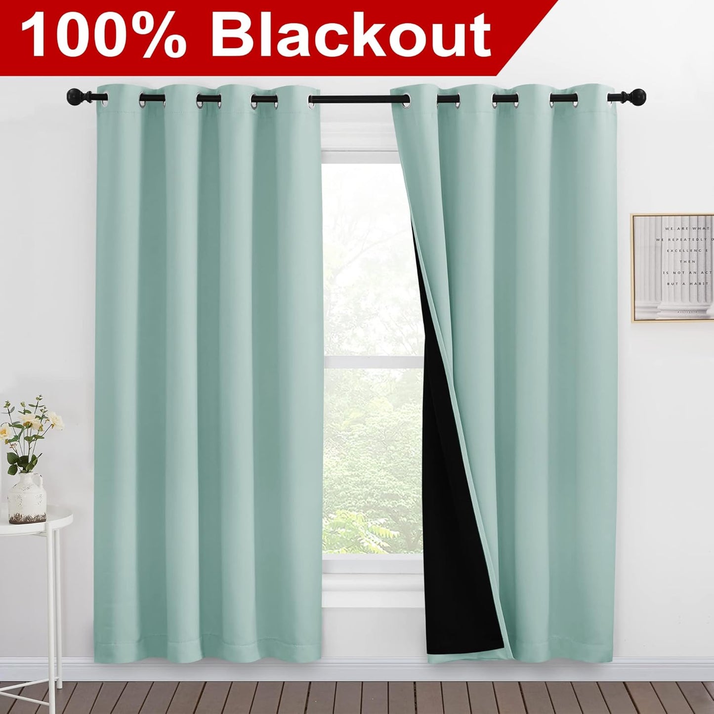 NICETOWN 100% Blackout Window Curtain Panels, Full Light Blocking Drapes with Black Liner for Nursery, 78-inch Drop Thermal Insulated Draperies (Aqua Blue, 2 Pieces, 55-inch Wide Per Panel)