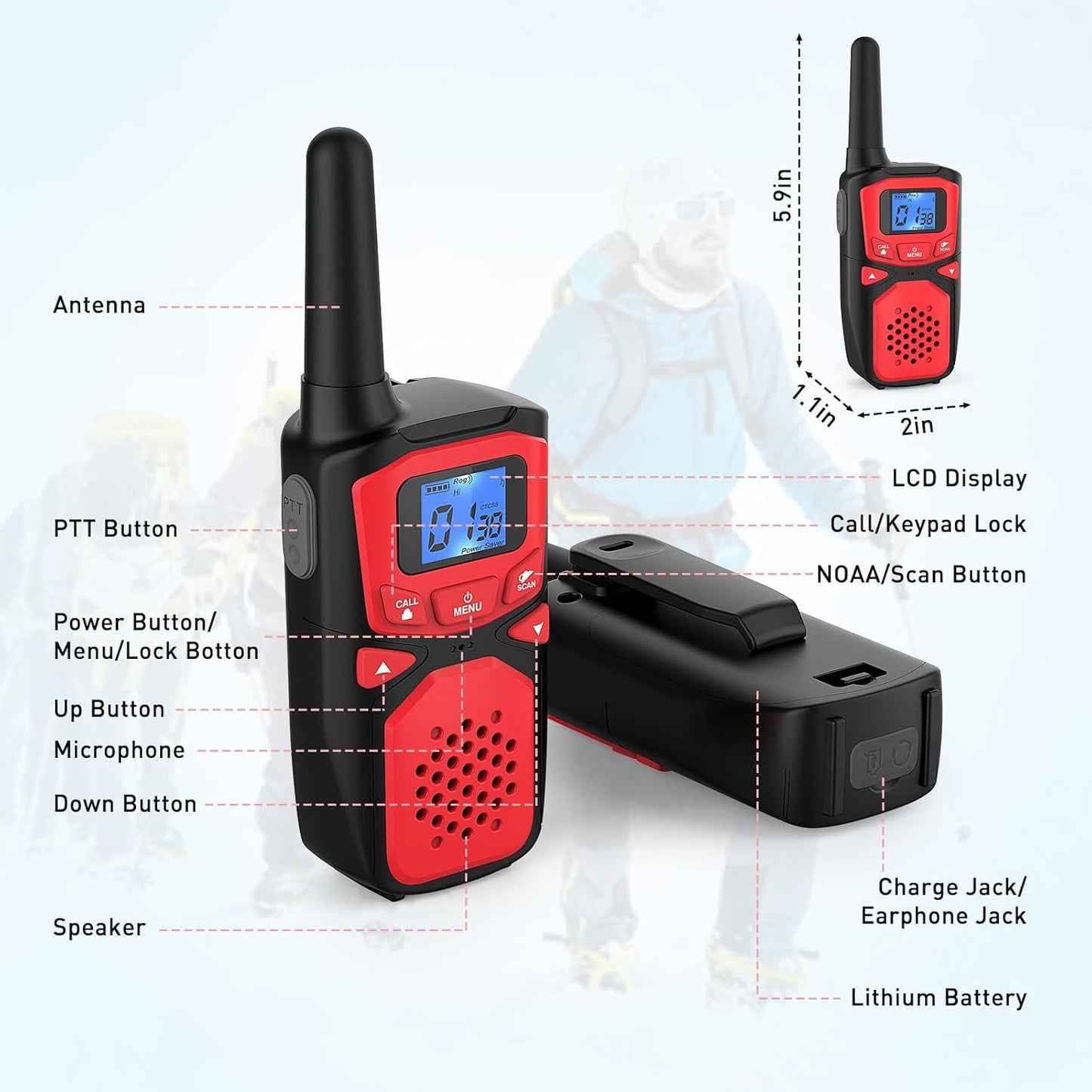WokTok Adult Walkie Talkies Long Range Rechargeable Portable Two-Way Walkie Talkie, Camping Gear, SOS Sirens, NOAA Weather Alarms, Kid's Toys, Easy-to-Use Walkie Talkies,2 Packs(No Batteries)