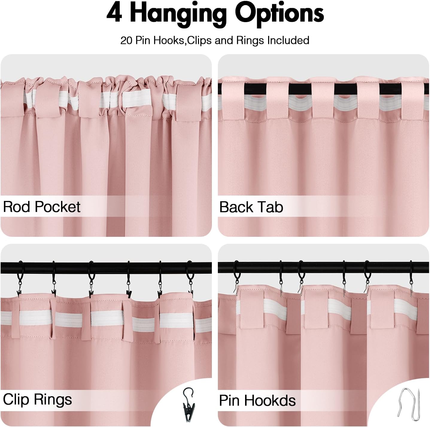 ANRODUO Light Pink Blackout Curtains for Girls Bedroom Living Room 96 Inches Long 2 Panels, Back Tab Rod Pocket Pinch Pleated Thermal Insulated Room Darkening Curtains, 42 x 96 Inch